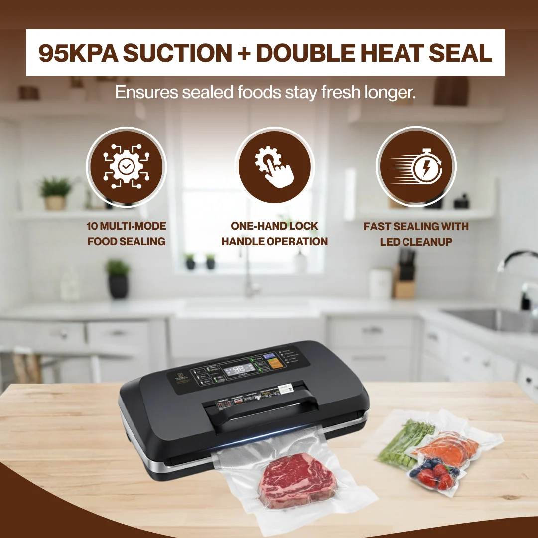 95kPa Vacuum Sealer Machine with Double Heat Seal & Built-in Cutter 95kPa Vacuum Sealer Machine with Double Heat Seal & Built-in Cutter