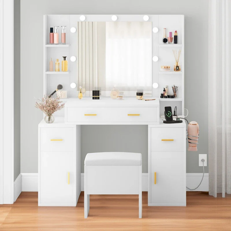 Vanity with Built-In Outlets and Lighted Mirror, 55.1H x 43.3L x 15.74W