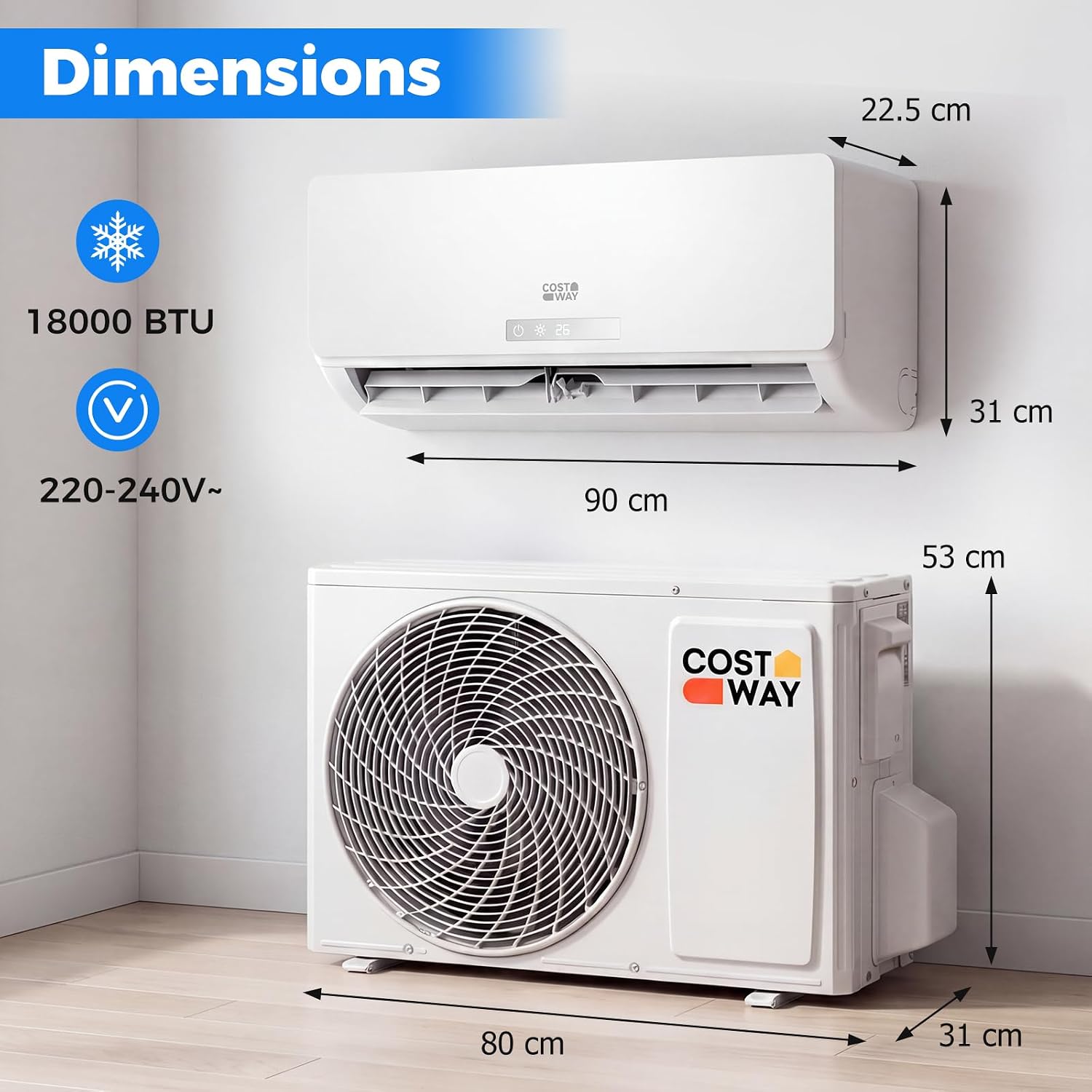 COSTWAY 18000 BTU Air Conditioner Wall Split, 5 In 1 Air Cooler Heater Dehumidifier Air Purifier Fan with Heat Pump & Remote Control, A++ Efficiency, Inverter, Installation Kit Included
