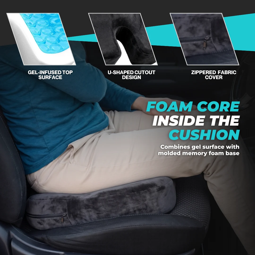 Gel Memory Foam Seat Cushion with U-Shape Cutout and Anti-Slip Base