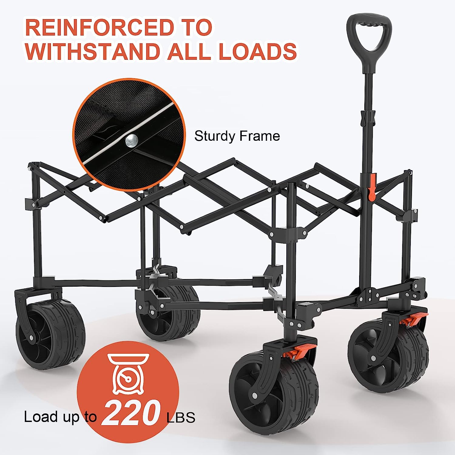 Navatiee Collapsible Folding Wagon Beach Wagon Cart Heavy Duty Foldable with Big Wheels Utility Grocery Wagon with Side Pocket and Brakes for Camping Garden Sports T1