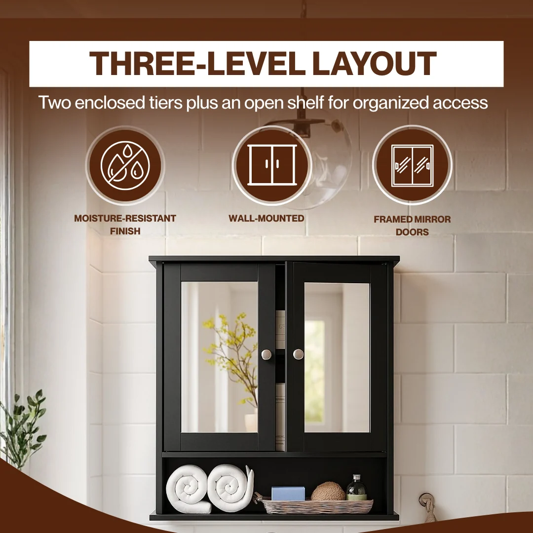 Wall Mounted Bathroom Cabinet with Double Mirrors and 3 Level Storage