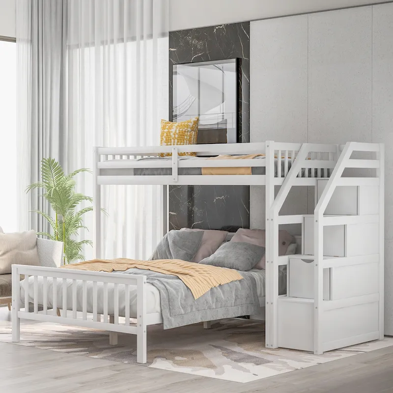Twin Over Full Wood Loft Bed with Staircase,High Guardrails and Ladder