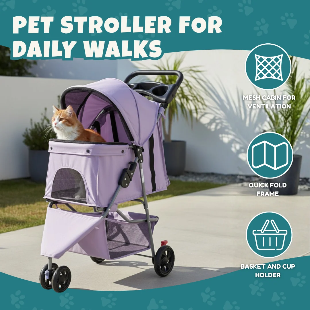 Dog and Cat Stroller with Mesh Canopy, Basket, and Cup Holder