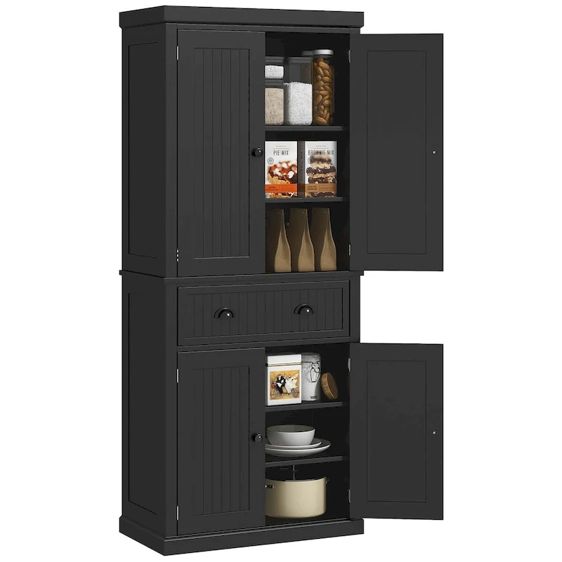 72  Kitchen Pantry Storage Cabinet, Traditional Freestanding Cabinet with 4 Doors and 3 Adjustable Shelves, Large Central Drawer