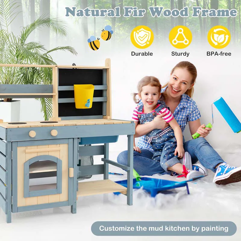 Eletriclife 2-In-1 Outdoor Mud Kitchen with Faucet and Extra Chalkboard