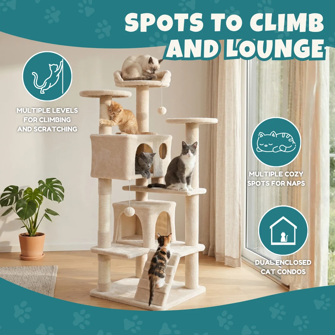 Cat Tree Tower with Scratching Posts, Perch, and Cozy Condos Cat Tree Tower with Scratching Posts, Perch, and Cozy Condos