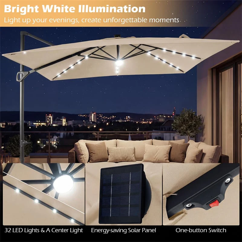 Eletriclife 10FT Square Offset Cantilever Patio Umbrella with 32 Solar LED Lights & 360° Rotation for Poolside, Yard