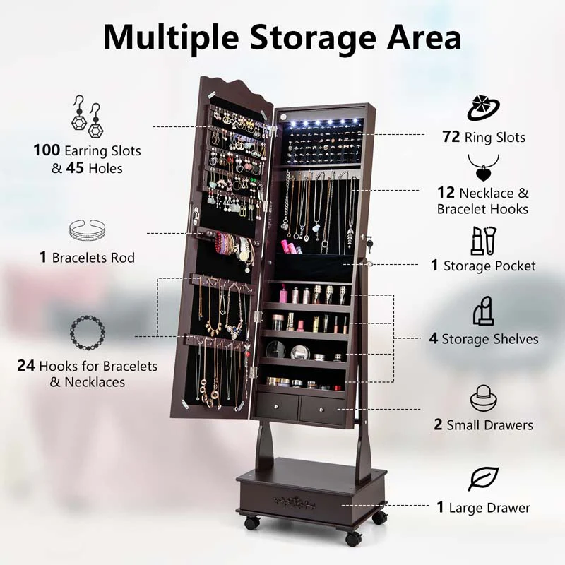 Eletriclife Rolling Floor Standing Mirrored Jewelry Armoire with Lock and Drawers