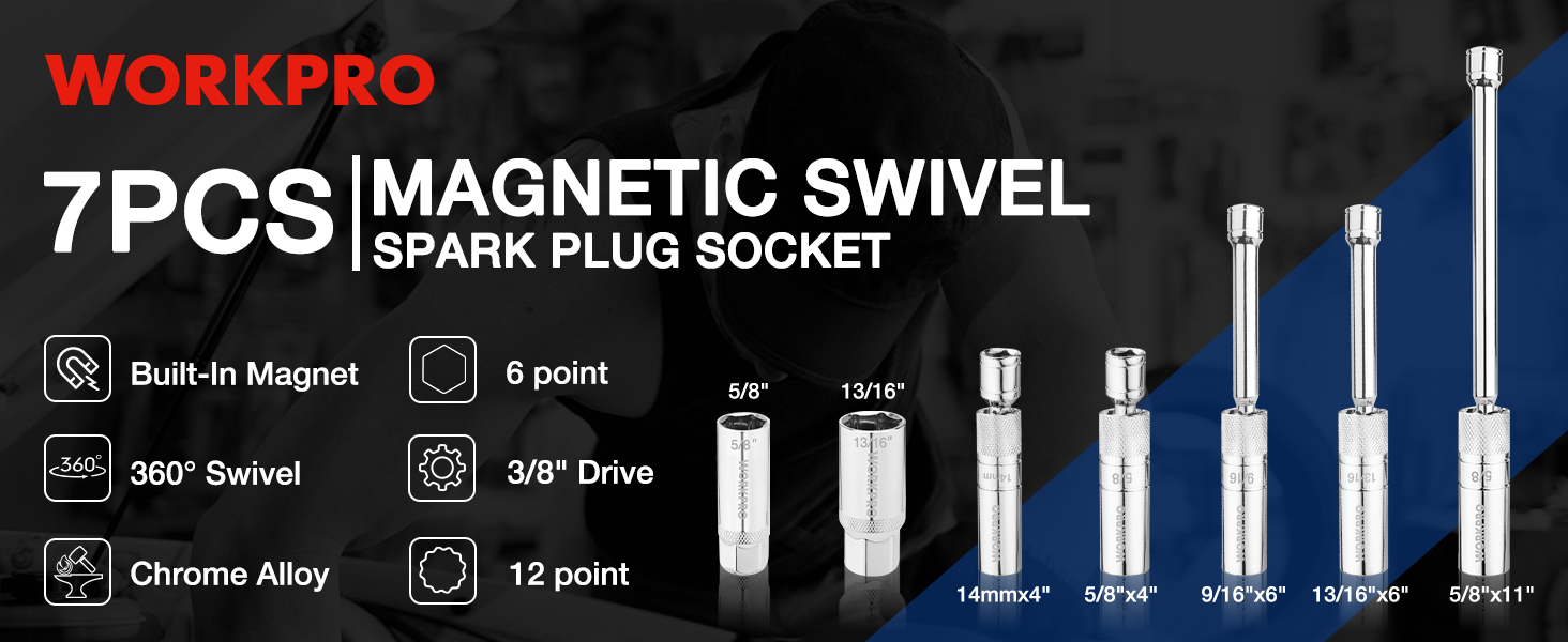 WORKPRO 7-piece Magnetic Spark Plug Socket Set