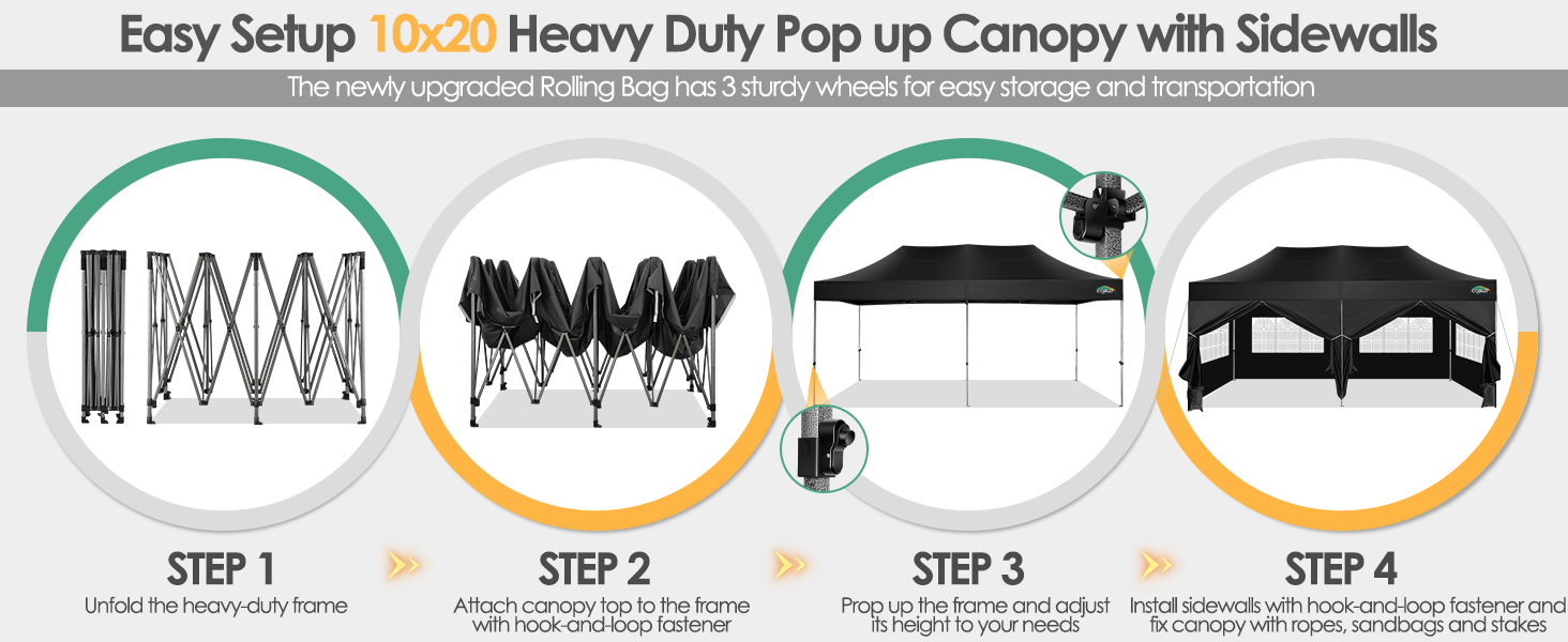 Heavy duty 10x20 commercial pop up canopy with 6 sidewalls