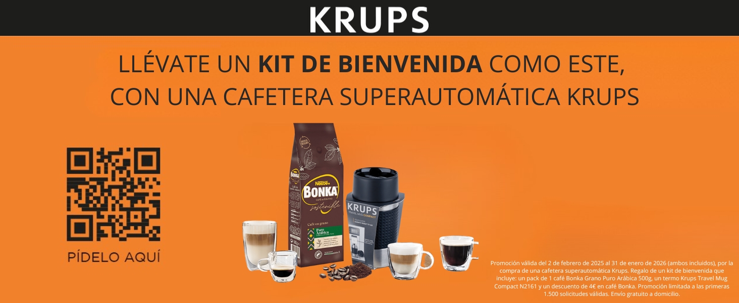 El texto dice «LLÉVATE UN KIT DE BIENVENIDA COMO ESTE, CON UNA CAFETERA SUPERAUTOMÁTICA KRUPS». Banner promocional naranja con códigos QR visibles.