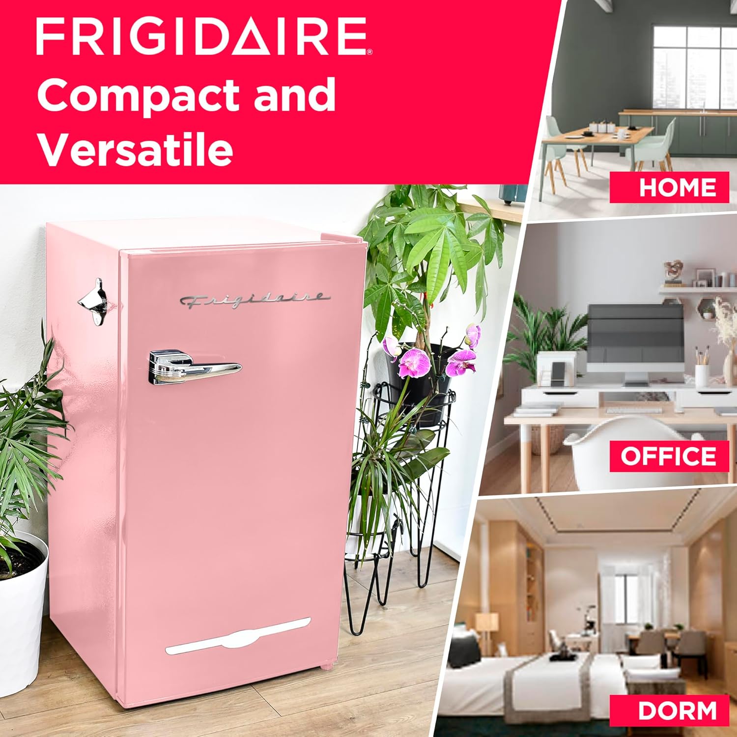 Frigidaire Retro Bar Fridge 3.2 Cu. Ft, Pink/Coral – Compact with Bottle Opener, Adjustable Thermostat & Shelves