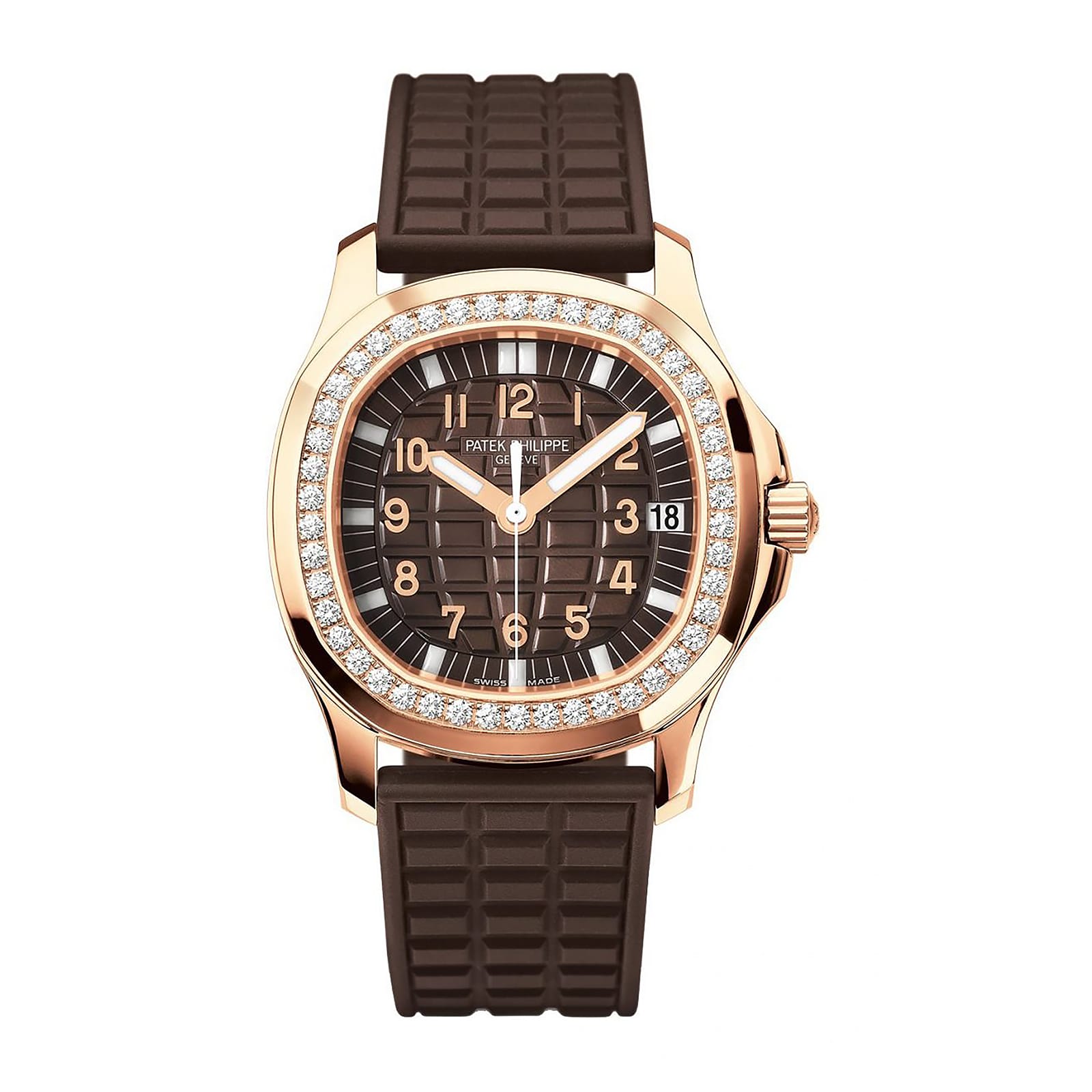 Fake Patek Philippe Replica Watch Aquanaut Ladies Embossed Brown Arabic Diamond Bezel Rose Gold Composite 35.6mm 5068R-001 TWF - Imitation-watches