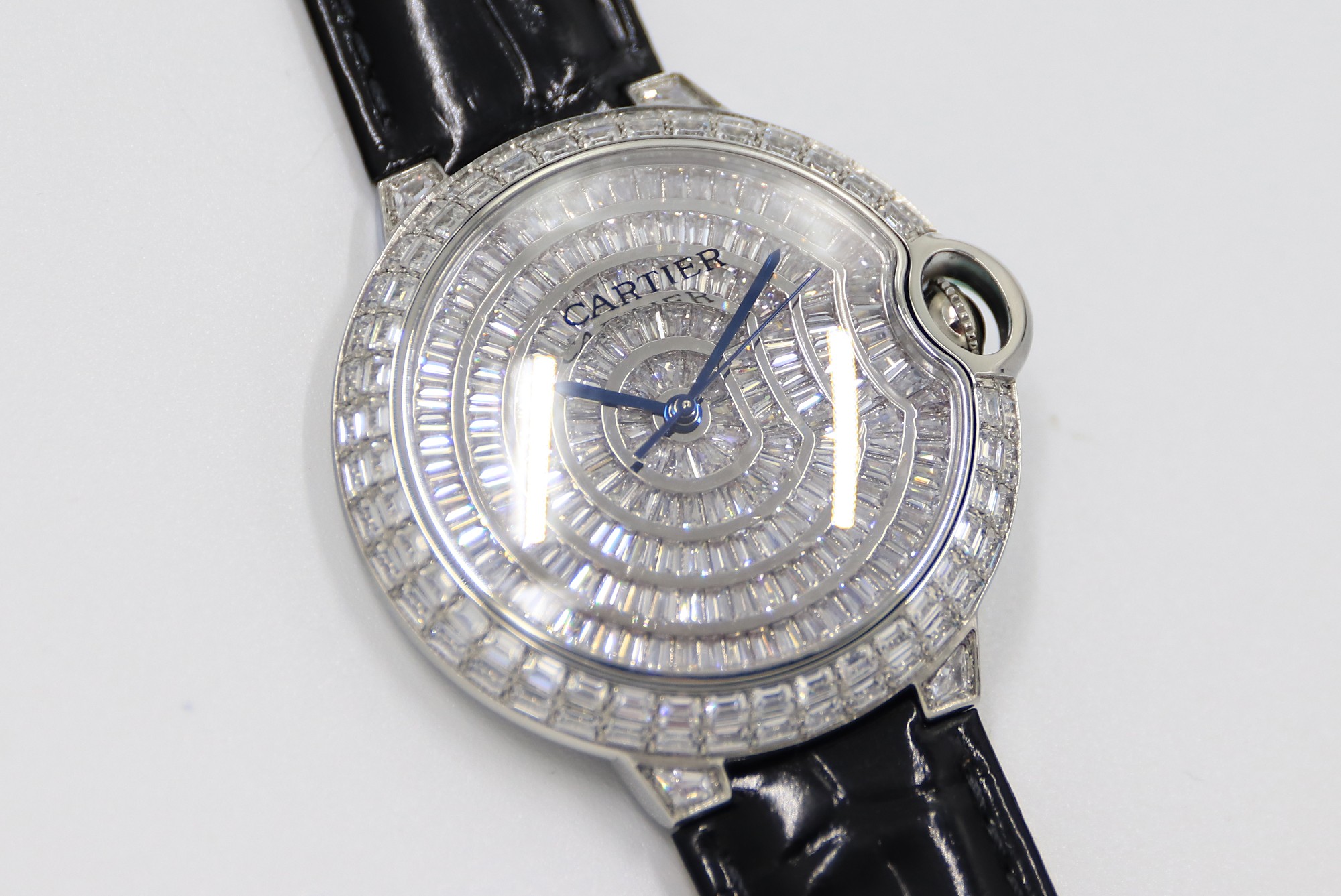 Cartier Blue Balloon Square Diamonds Full Sky Watch-White-Leather-42mm - Imitation-watches