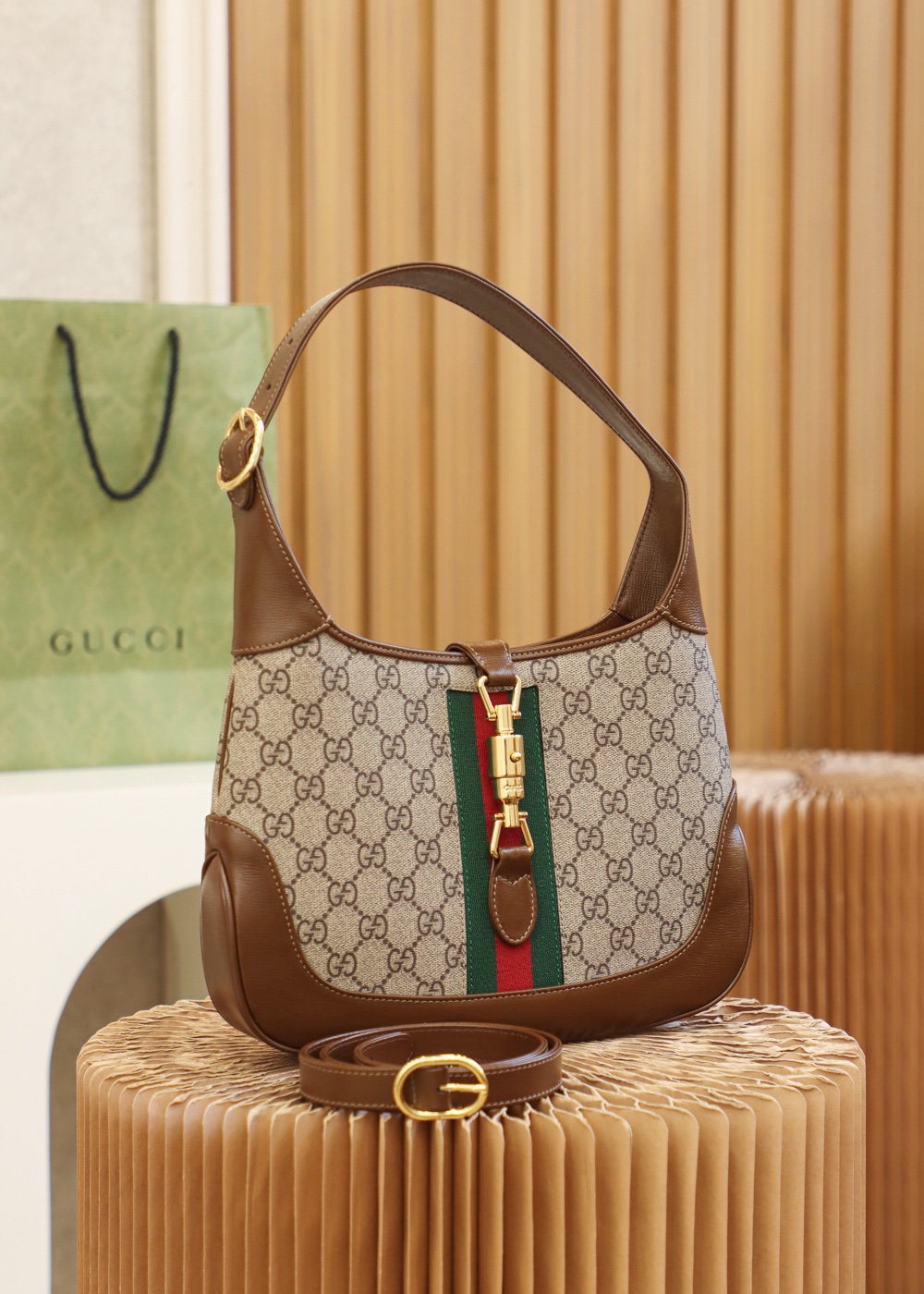Gucci Jackie 1961 Small Shoulder  GG Monogram in Brown Leather Trim - Replica Luxury Bags™