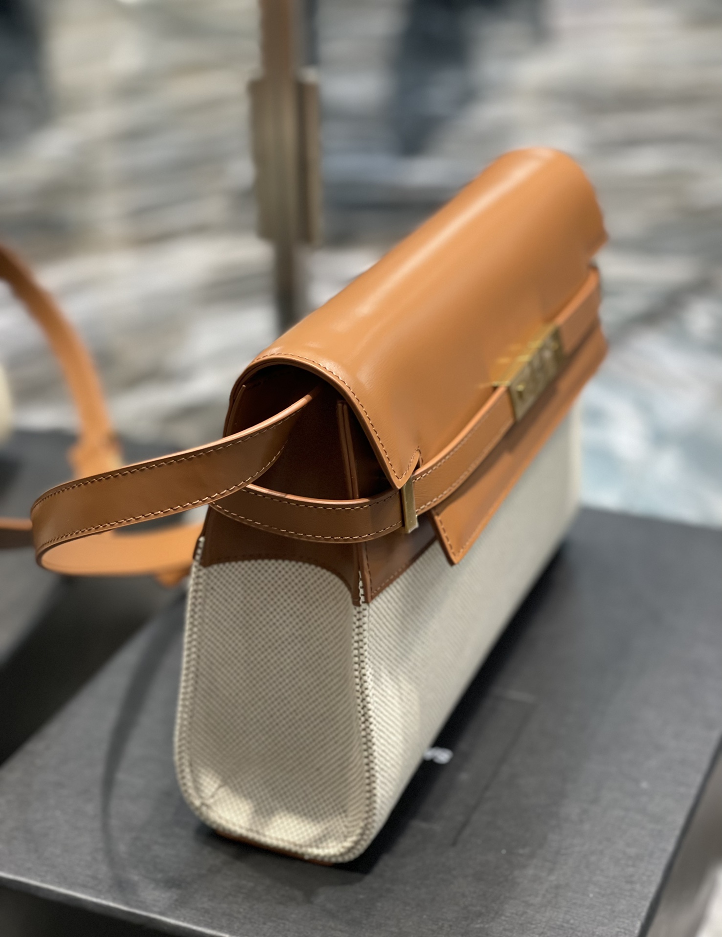 YSL Medium Manhattan  in Brown Leather & Beige Canvas - Replica Luxury Bags™