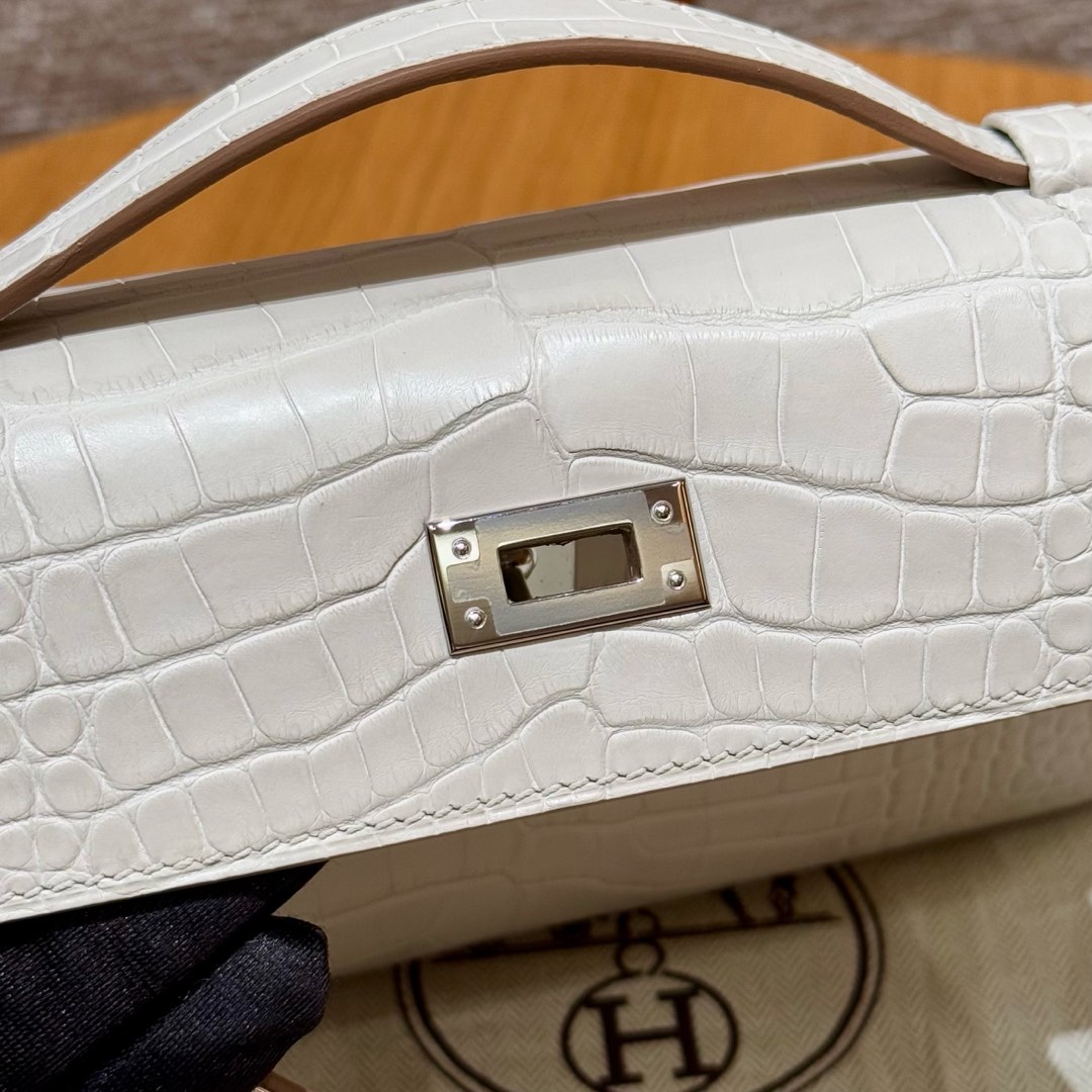 Hermes kelly Pochette 1 Crocodile  22cm in Cream White Silver Hardware - Replica Luxury Bags™