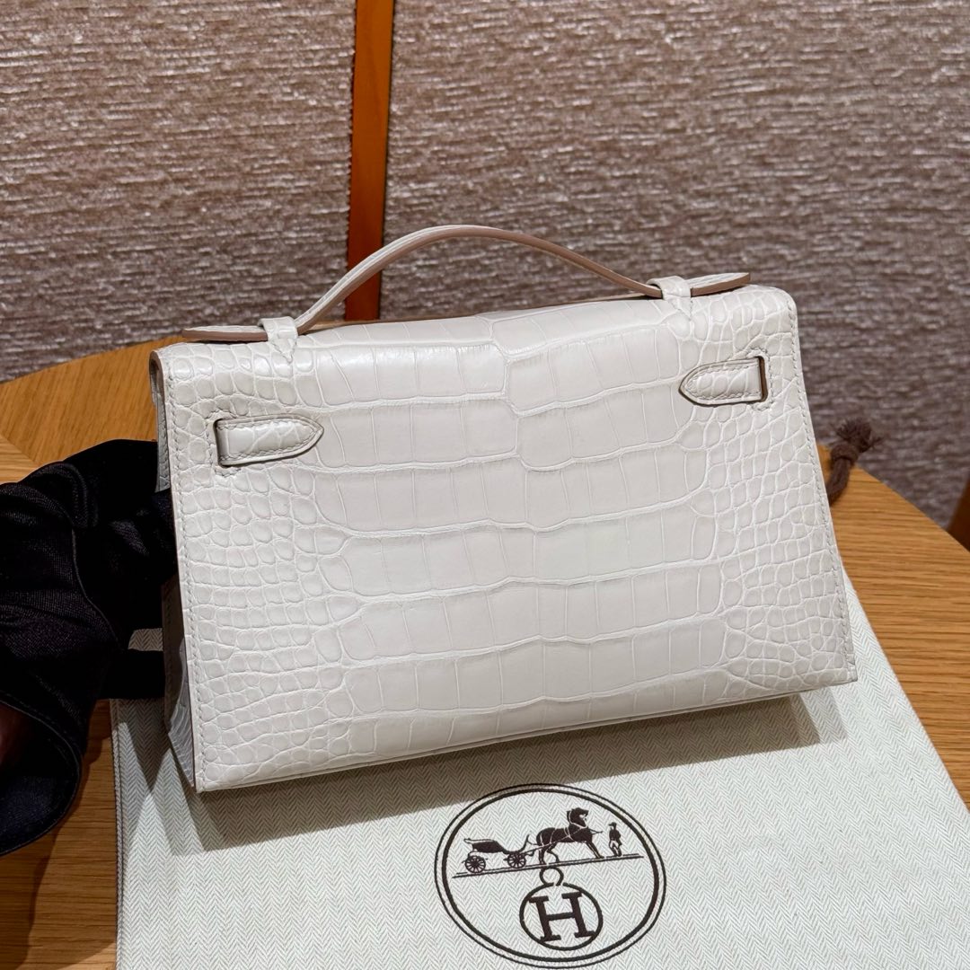 Hermes kelly Pochette 1 Crocodile  22cm in Cream White Silver Hardware - Replica Luxury Bags™