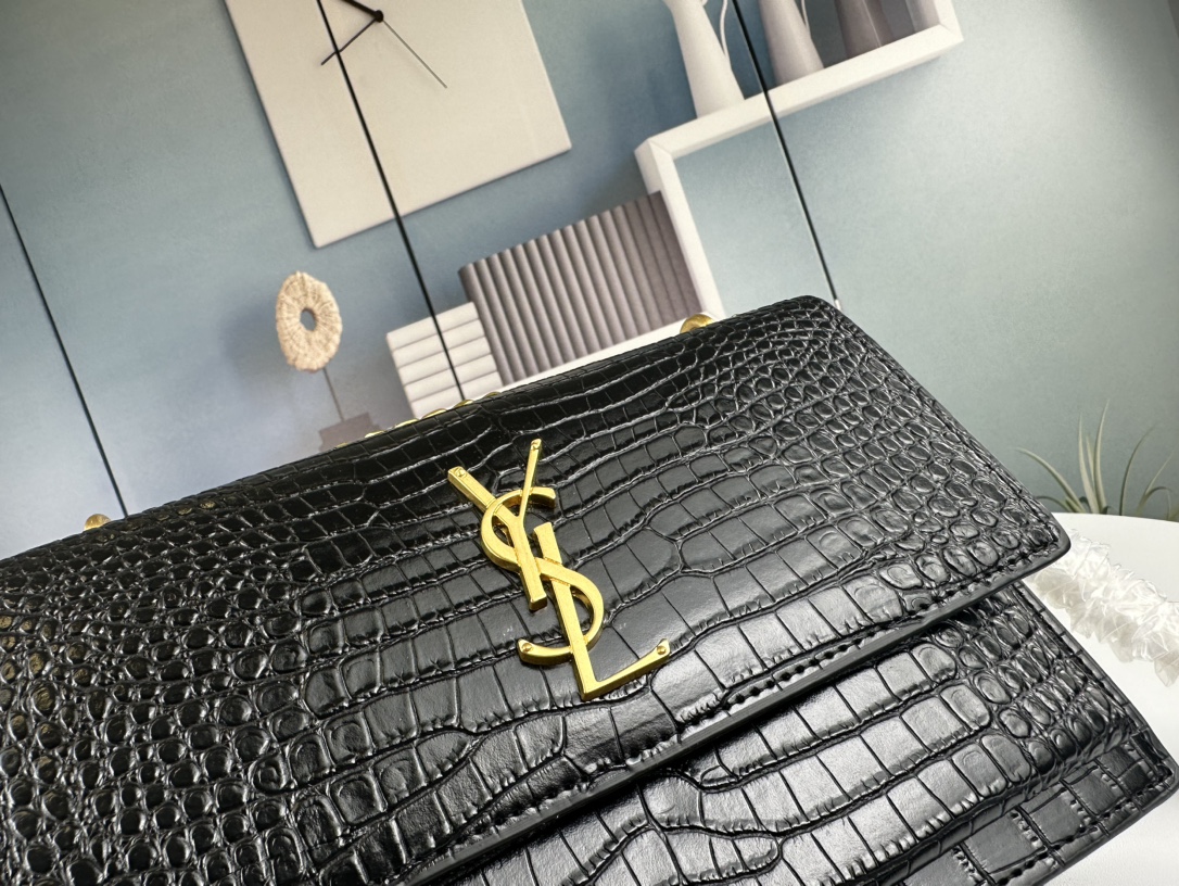 YSL Sunset  in Black Crocodile Grain Leather - Replica Luxury Bags™