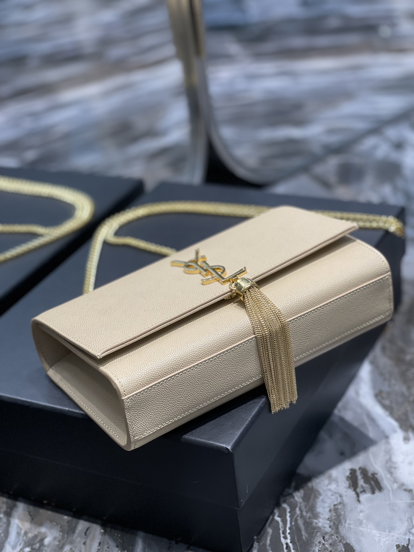 YSL Kate Tassel  in Apricot Grain Pattern Leather - Replica Luxury Bags™