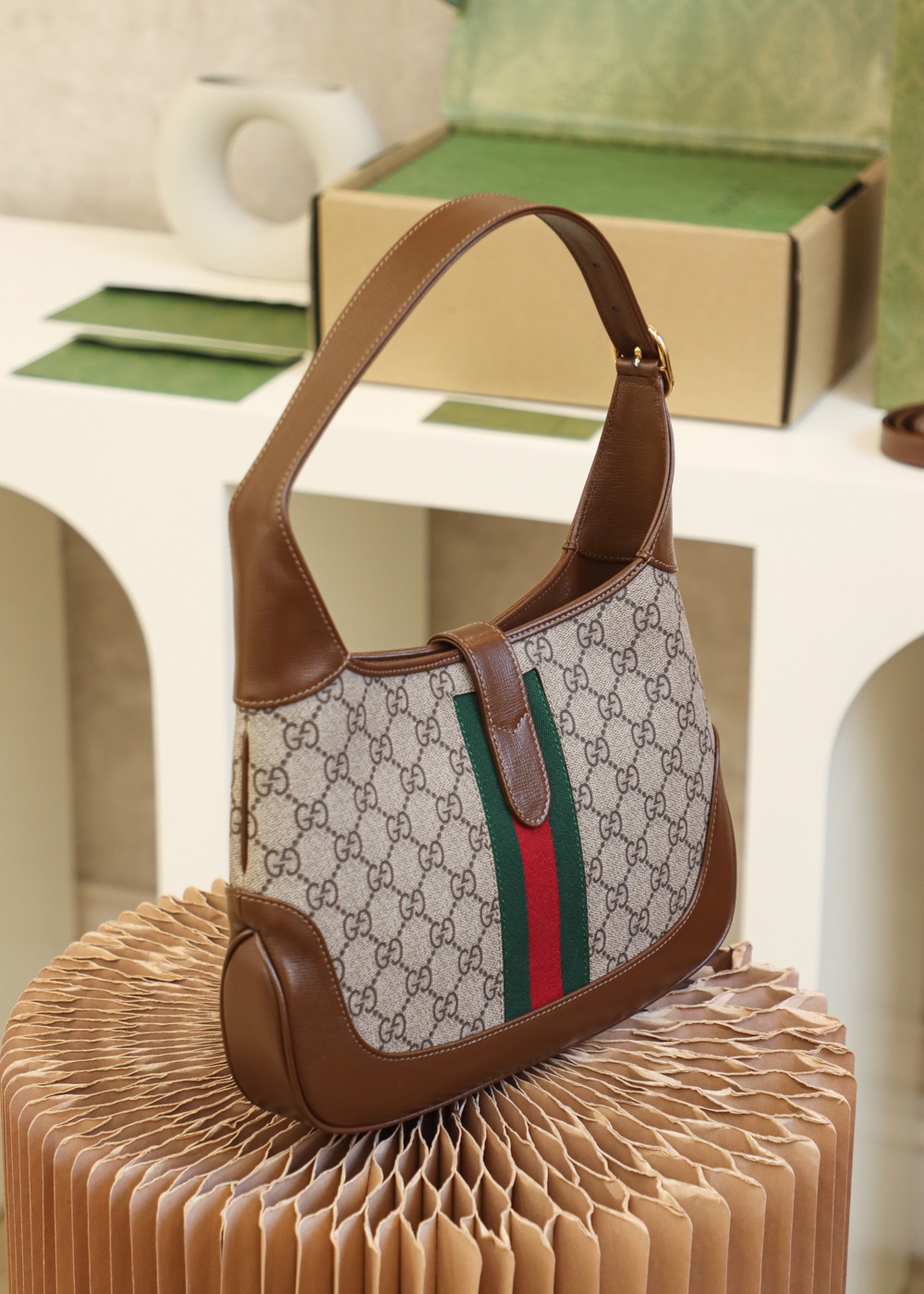 Gucci Jackie 1961 Small Shoulder  GG Monogram in Brown Leather Trim - Replica Luxury Bags™