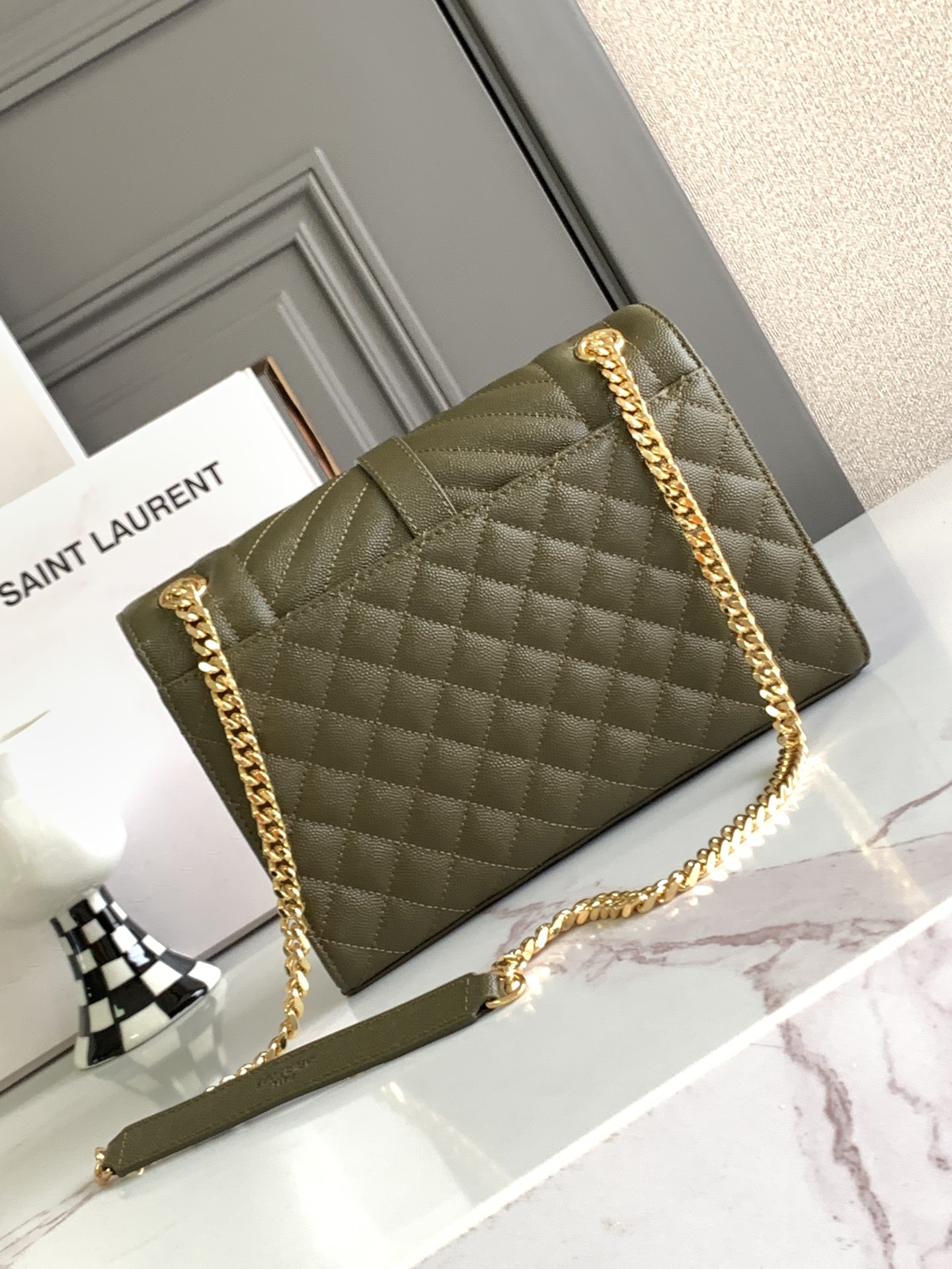 YSL Medium Envelope  in Olive Green Quilted Leather - Replica Luxury Bags™