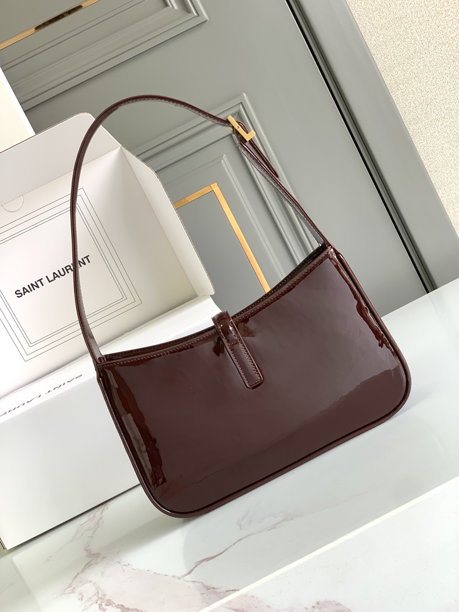 YSL Wine Red Lacquered Leather Saddle - Replica Luxury Bags™