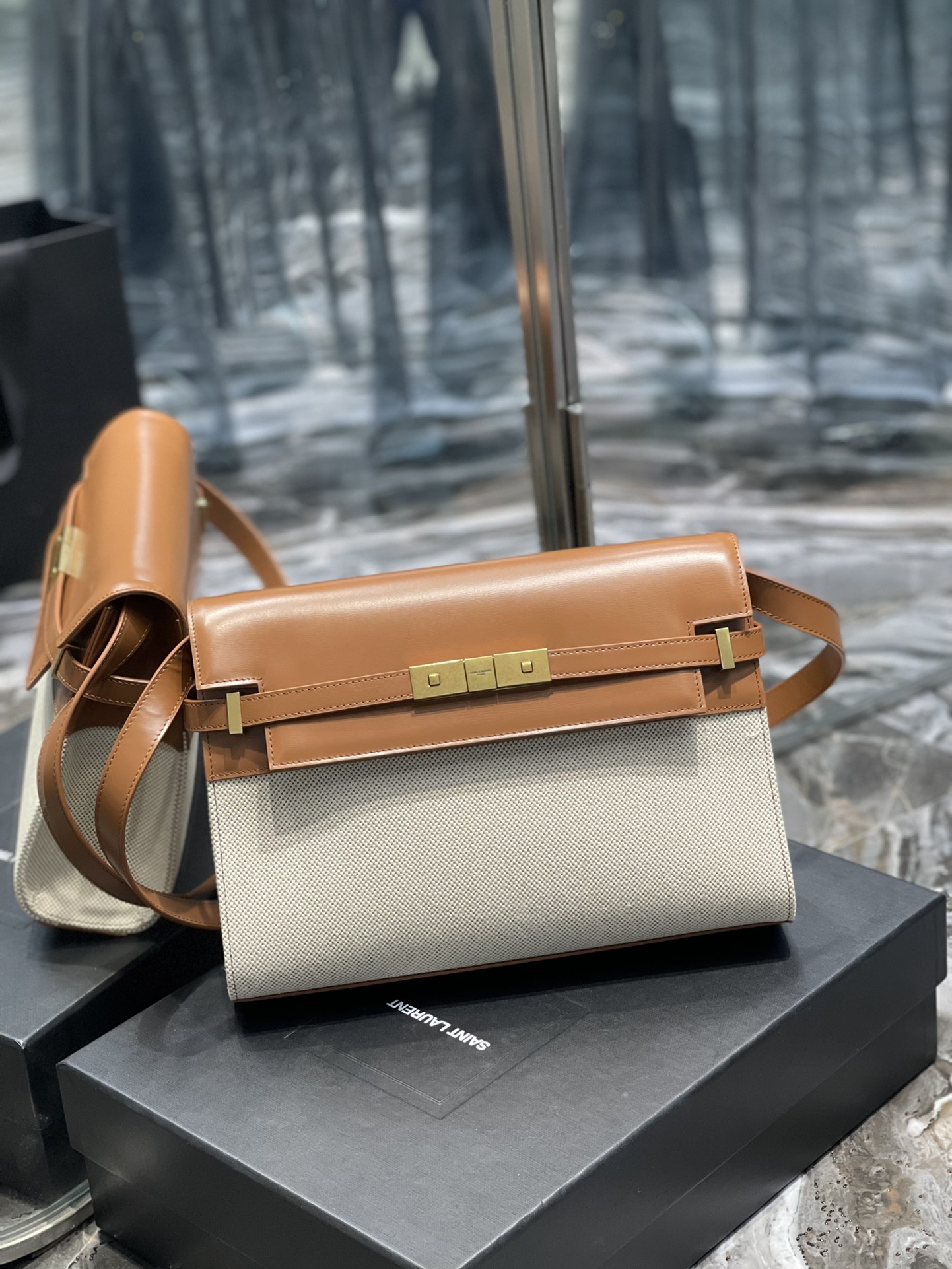 YSL Medium Manhattan  in Brown Leather & Beige Canvas - Replica Luxury Bags™