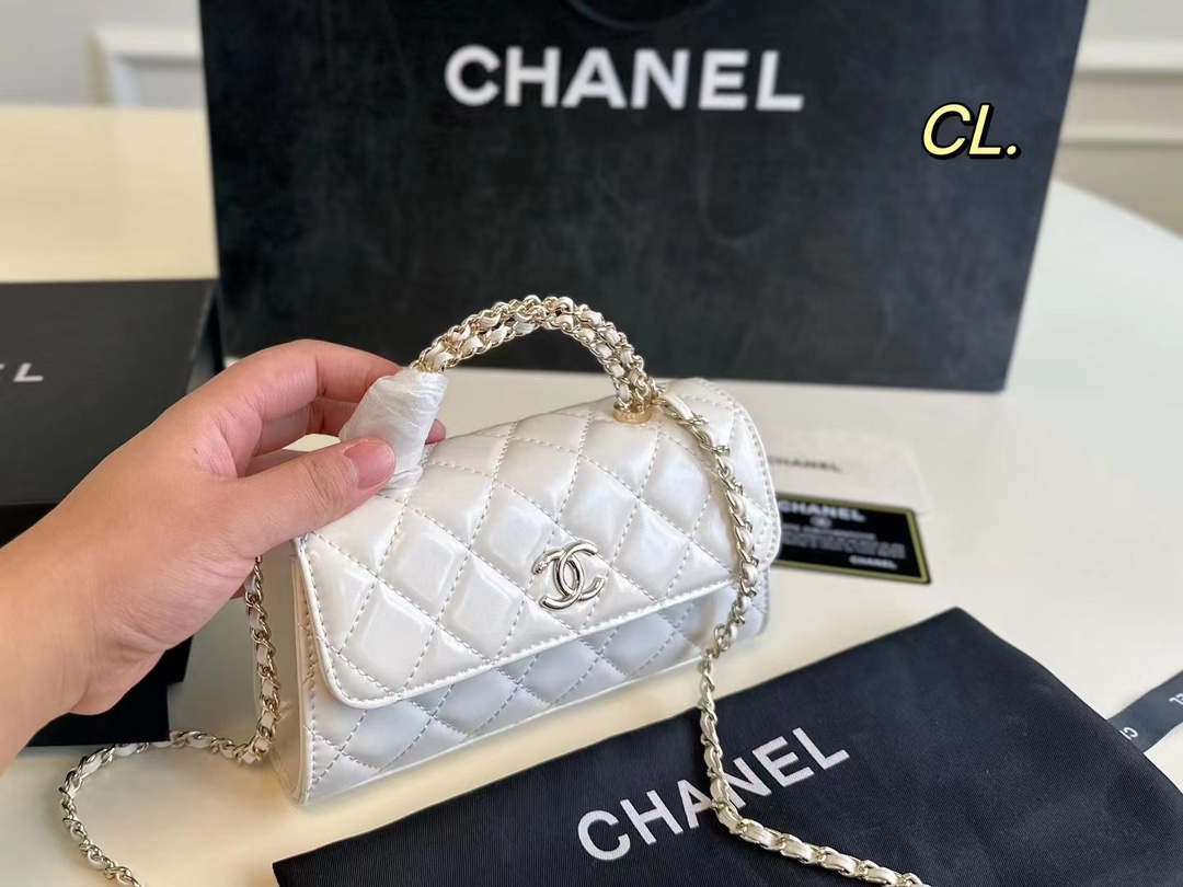 Chanel Small Tote  with Silver-Tone Chain in White - Replica Luxury Bags™