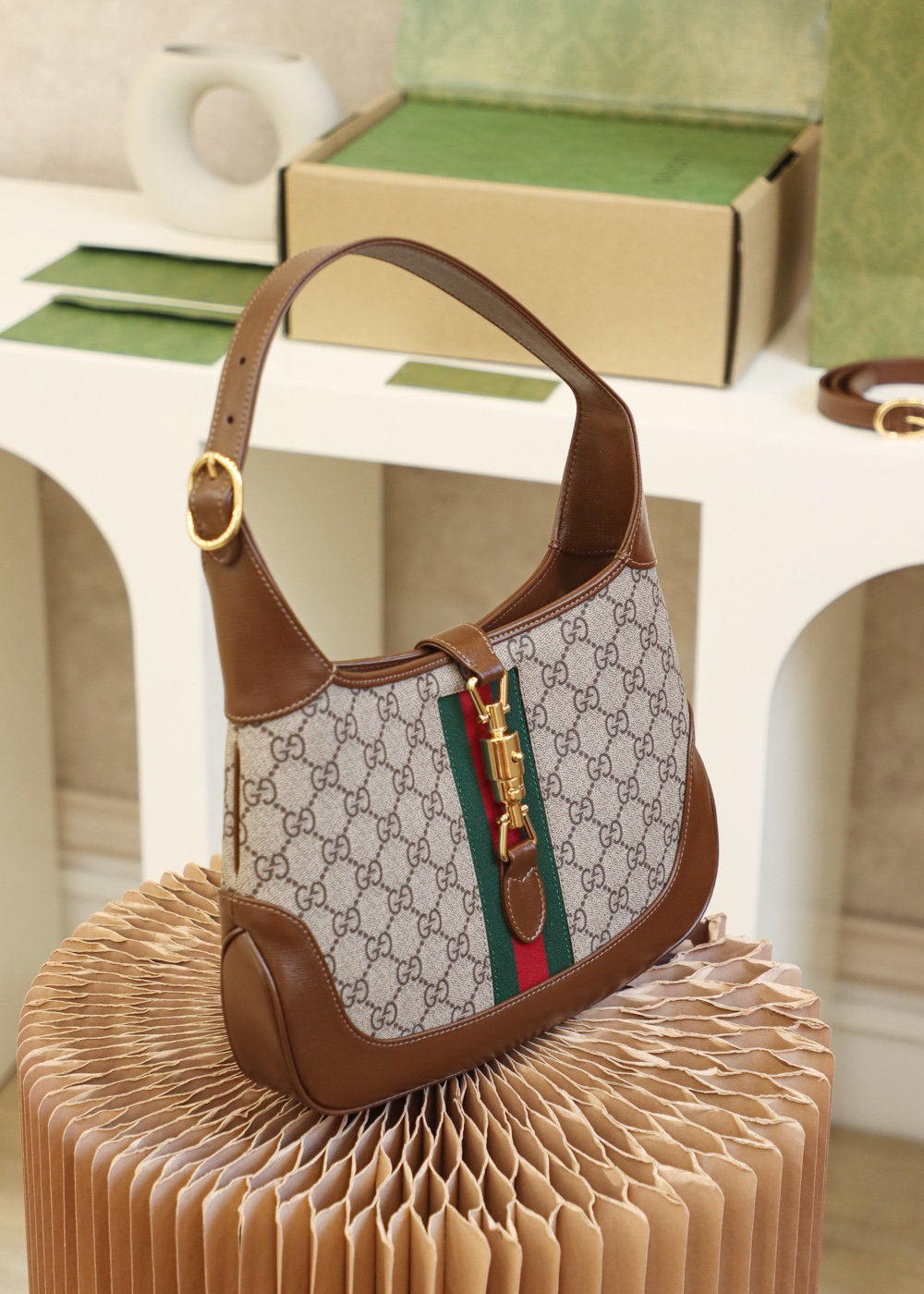 Gucci Jackie 1961 Small Shoulder  GG Monogram in Brown Leather Trim - Replica Luxury Bags™
