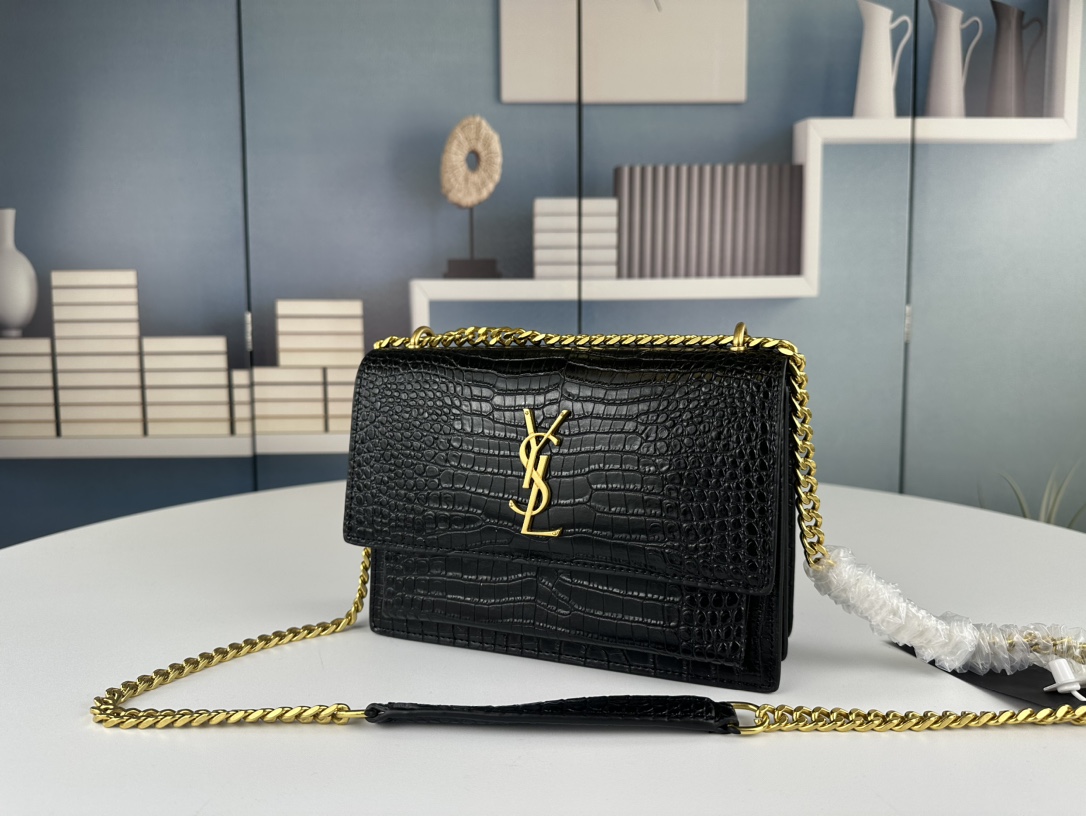 YSL Sunset  in Black Crocodile Grain Leather - Replica Luxury Bags™
