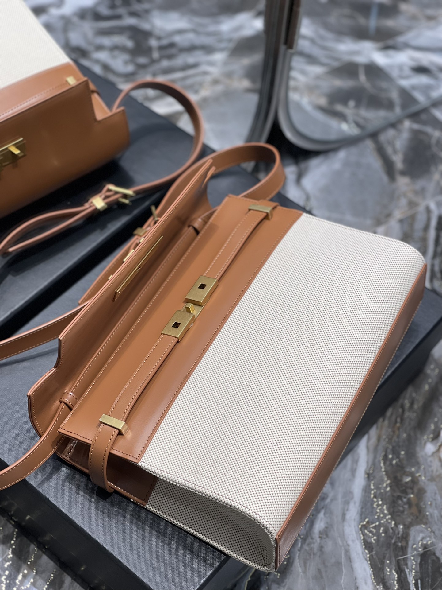 YSL Medium Manhattan  in Brown Leather & Beige Canvas - Replica Luxury Bags™