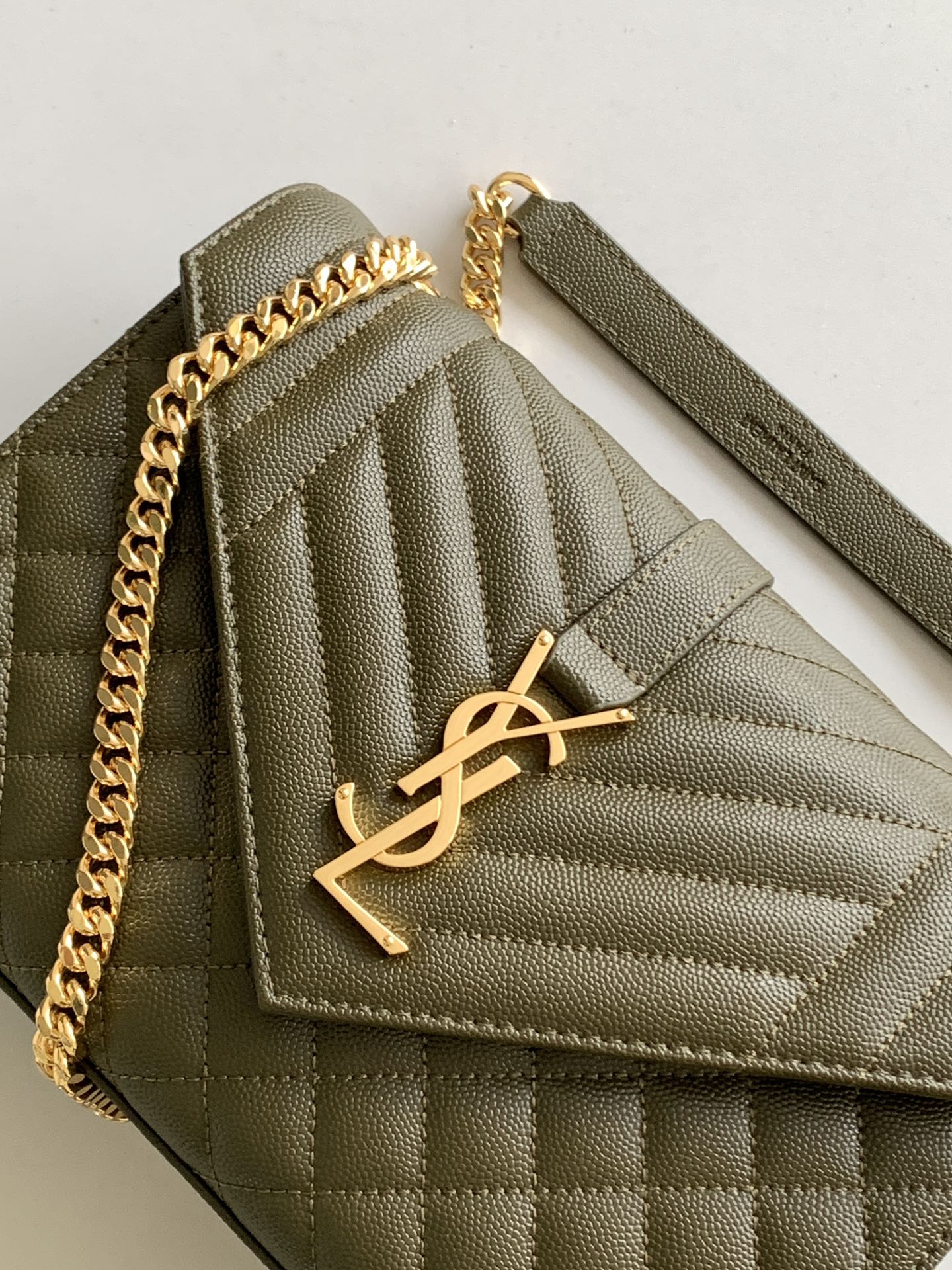 YSL Medium Envelope  in Olive Green Quilted Leather - Replica Luxury Bags™