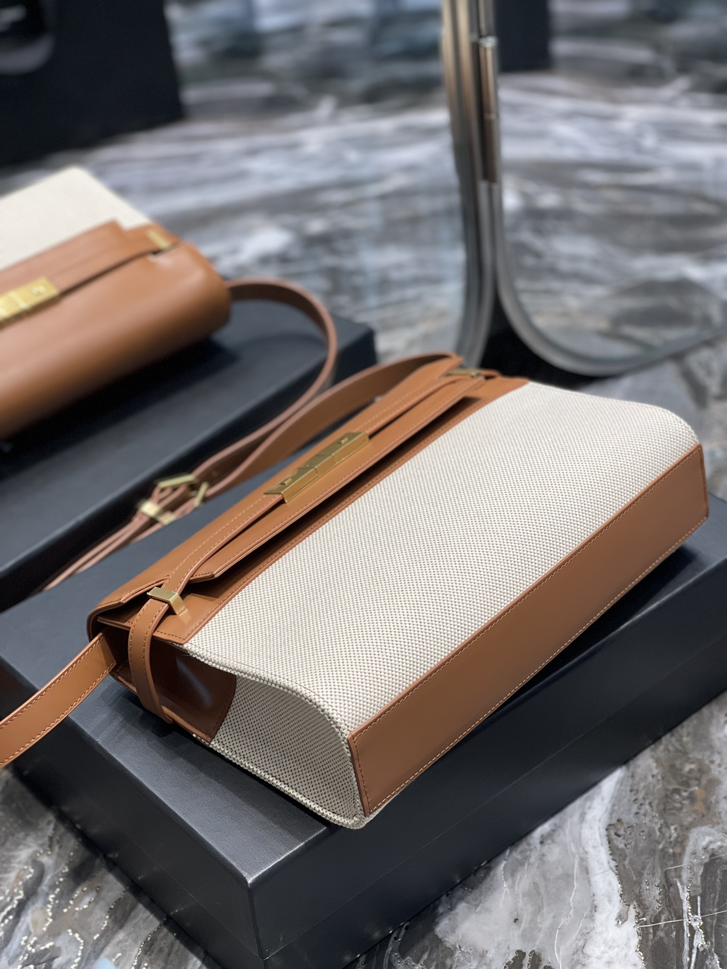YSL Medium Manhattan  in Brown Leather & Beige Canvas - Replica Luxury Bags™