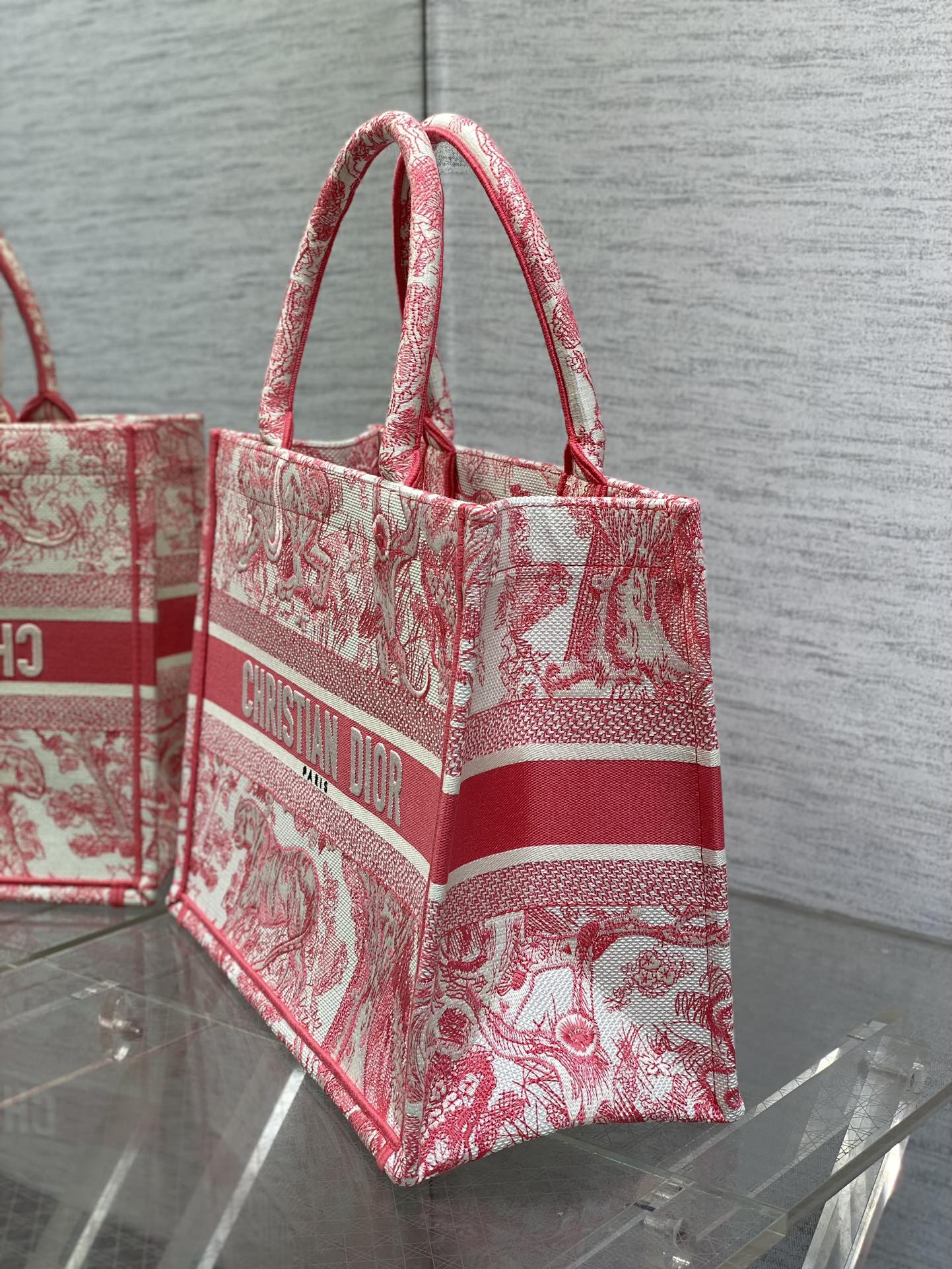 Medium Dior Book Tote  - Tiger - Pink and Ecru Toile de Jouy Embroidery - Replica Luxury Bags™