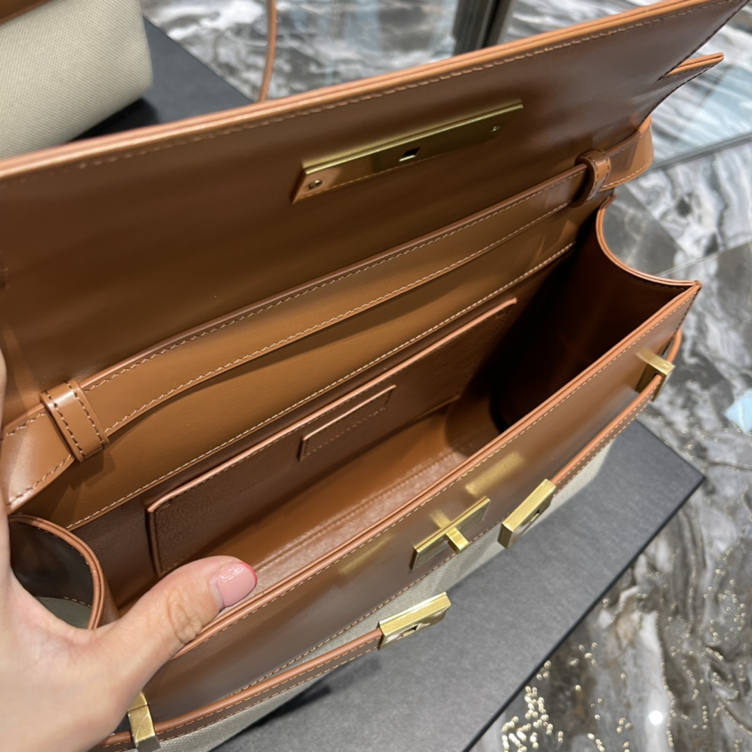YSL Medium Manhattan  in Brown Leather & Beige Canvas - Replica Luxury Bags™
