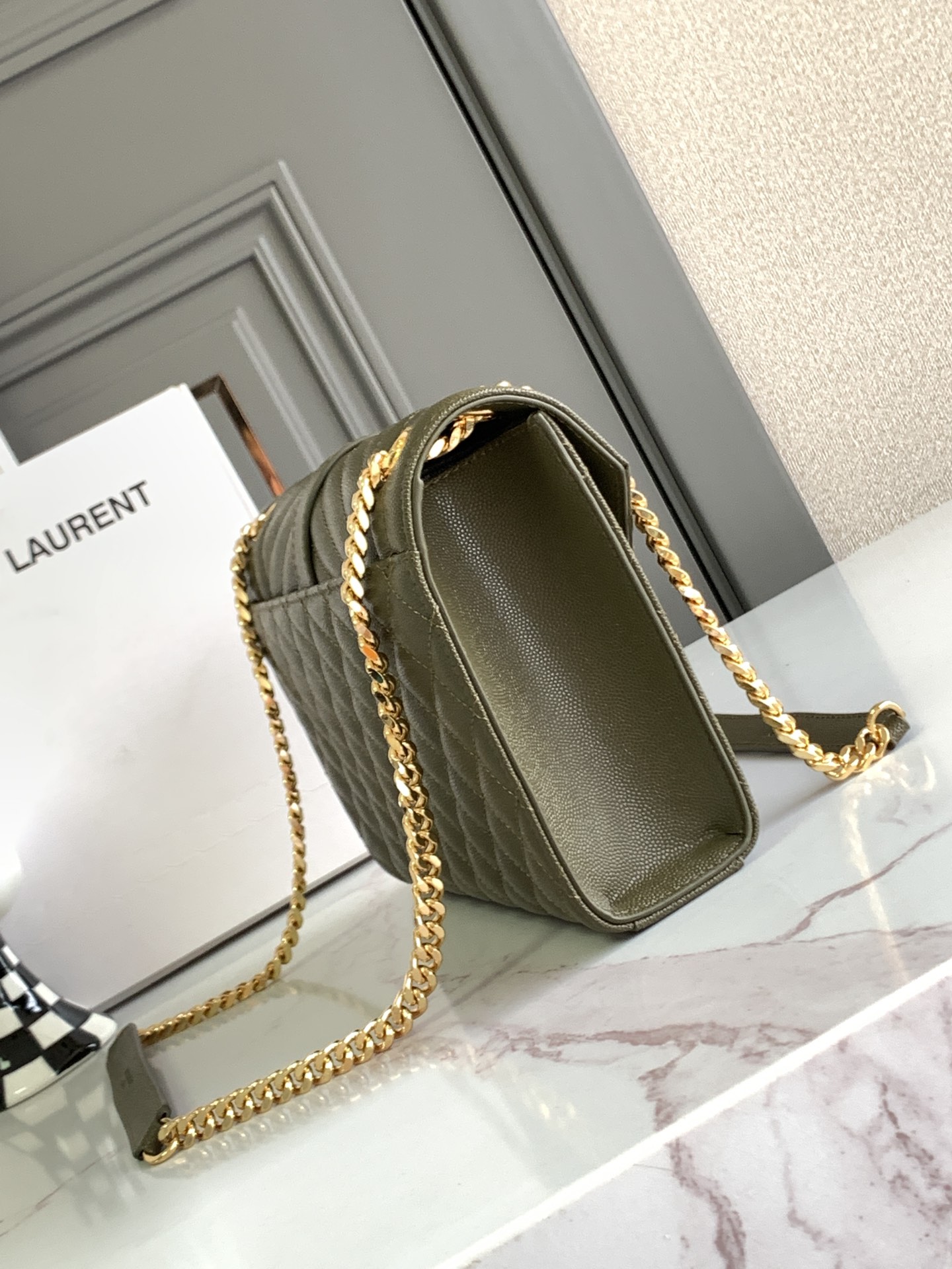 YSL Medium Envelope  in Olive Green Quilted Leather - Replica Luxury Bags™