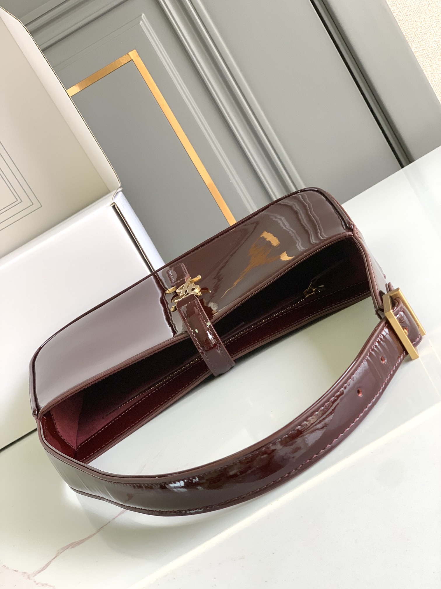 YSL Wine Red Lacquered Leather Saddle - Replica Luxury Bags™
