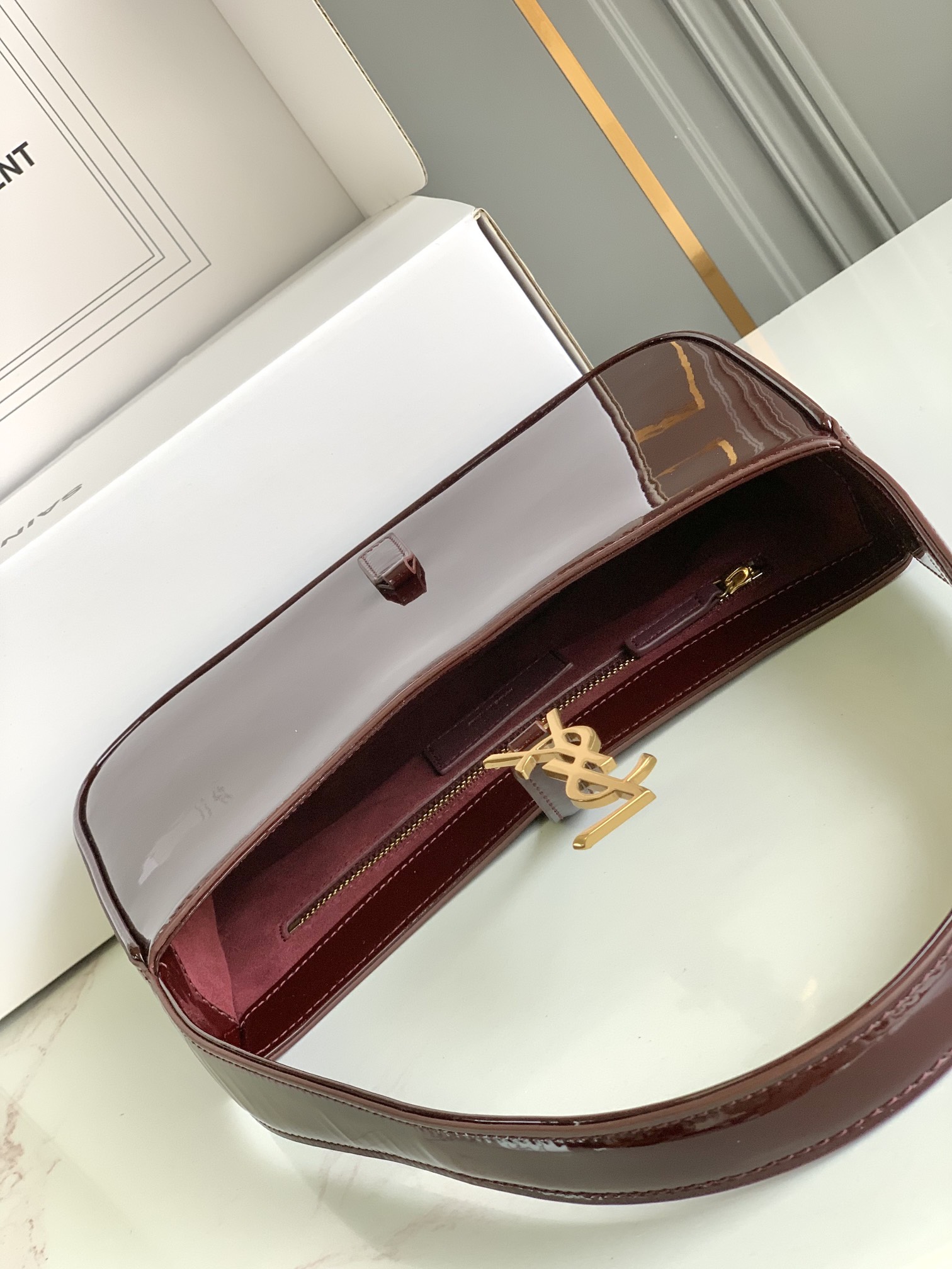YSL Wine Red Lacquered Leather Saddle - Replica Luxury Bags™