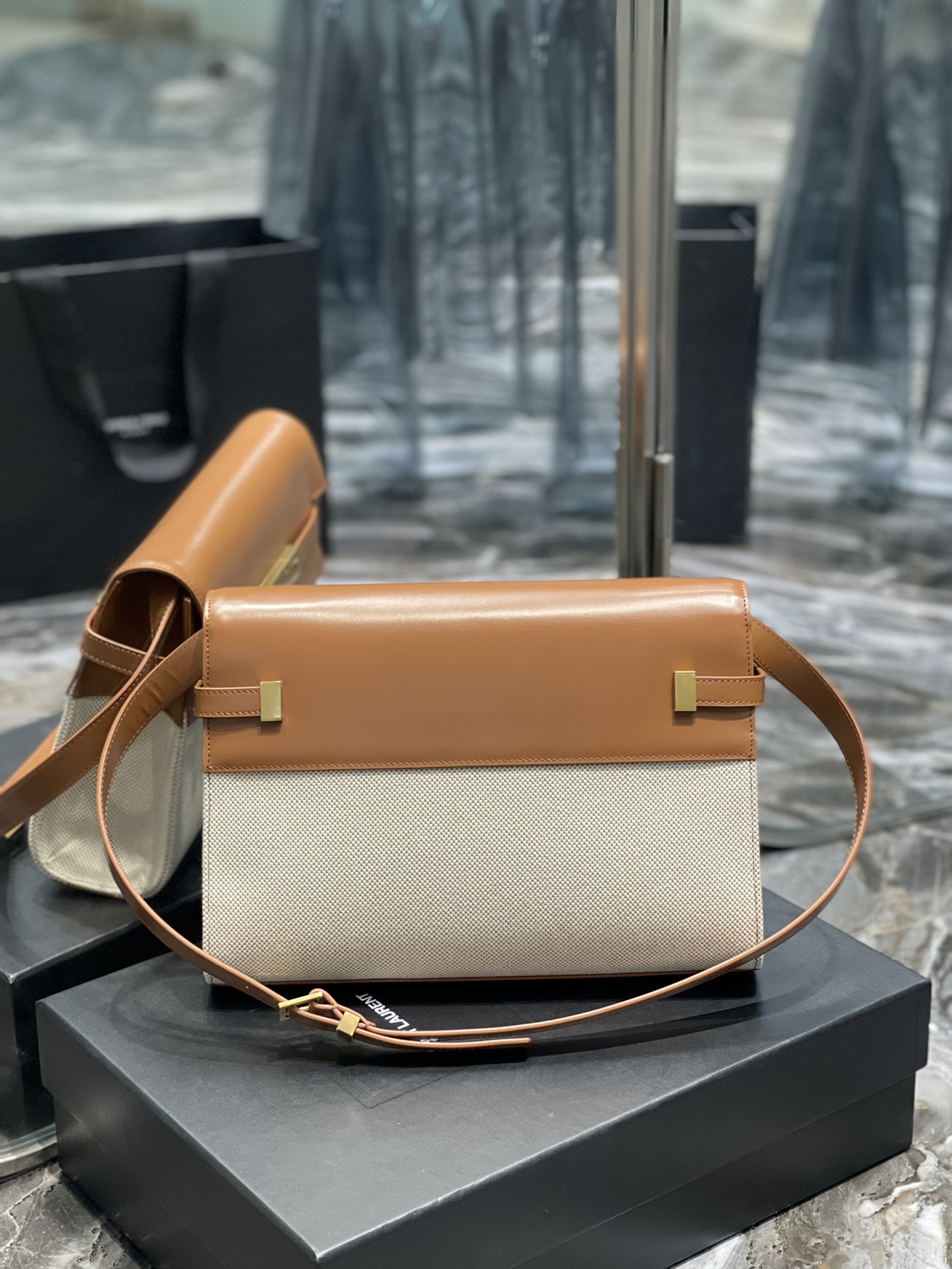 YSL Medium Manhattan  in Brown Leather & Beige Canvas - Replica Luxury Bags™