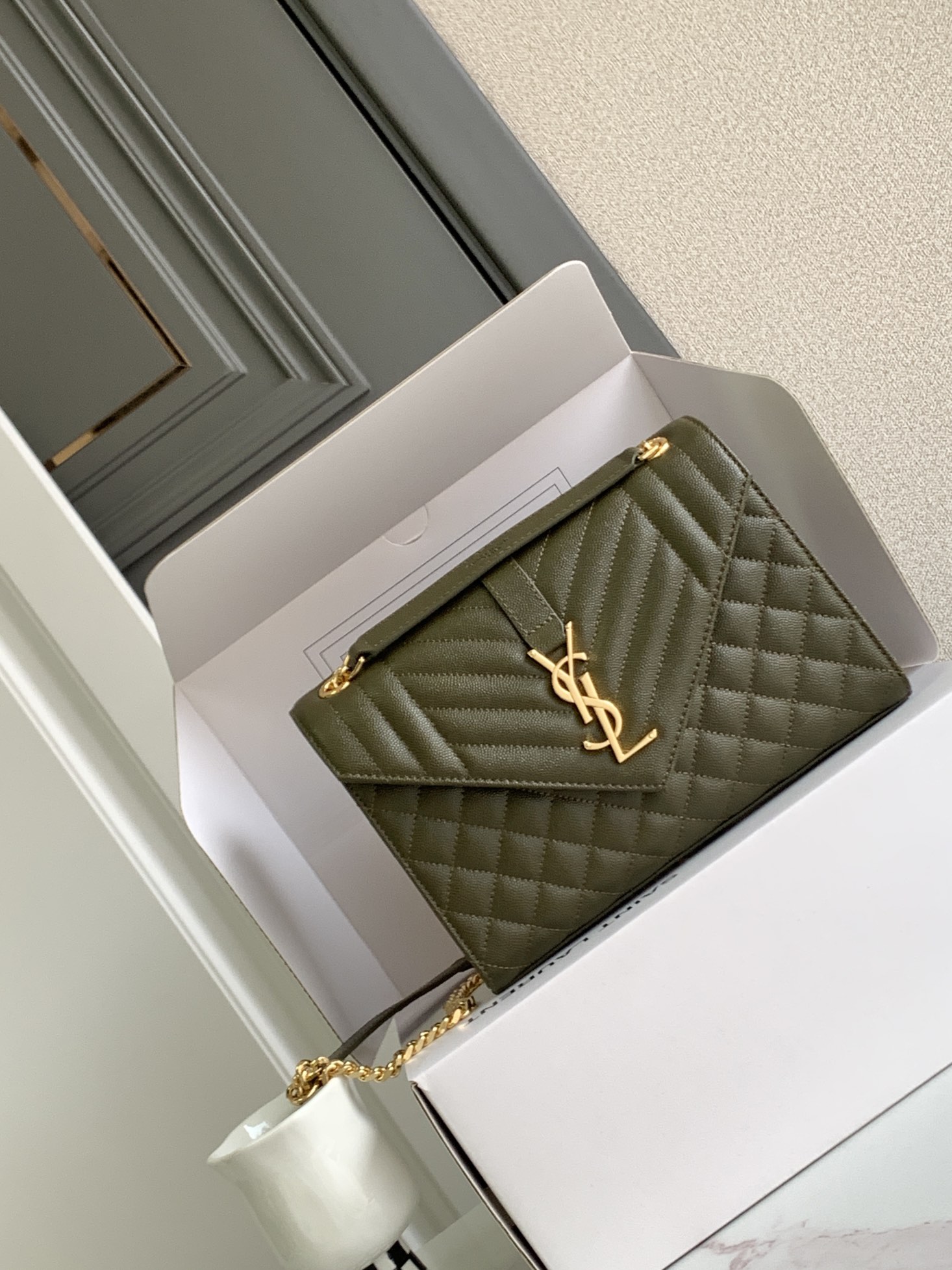 YSL Medium Envelope  in Olive Green Quilted Leather - Replica Luxury Bags™