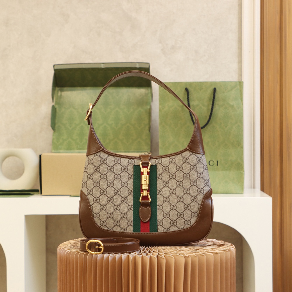 Gucci Jackie 1961 Small Shoulder  GG Monogram in Brown Leather Trim - Replica Luxury Bags™