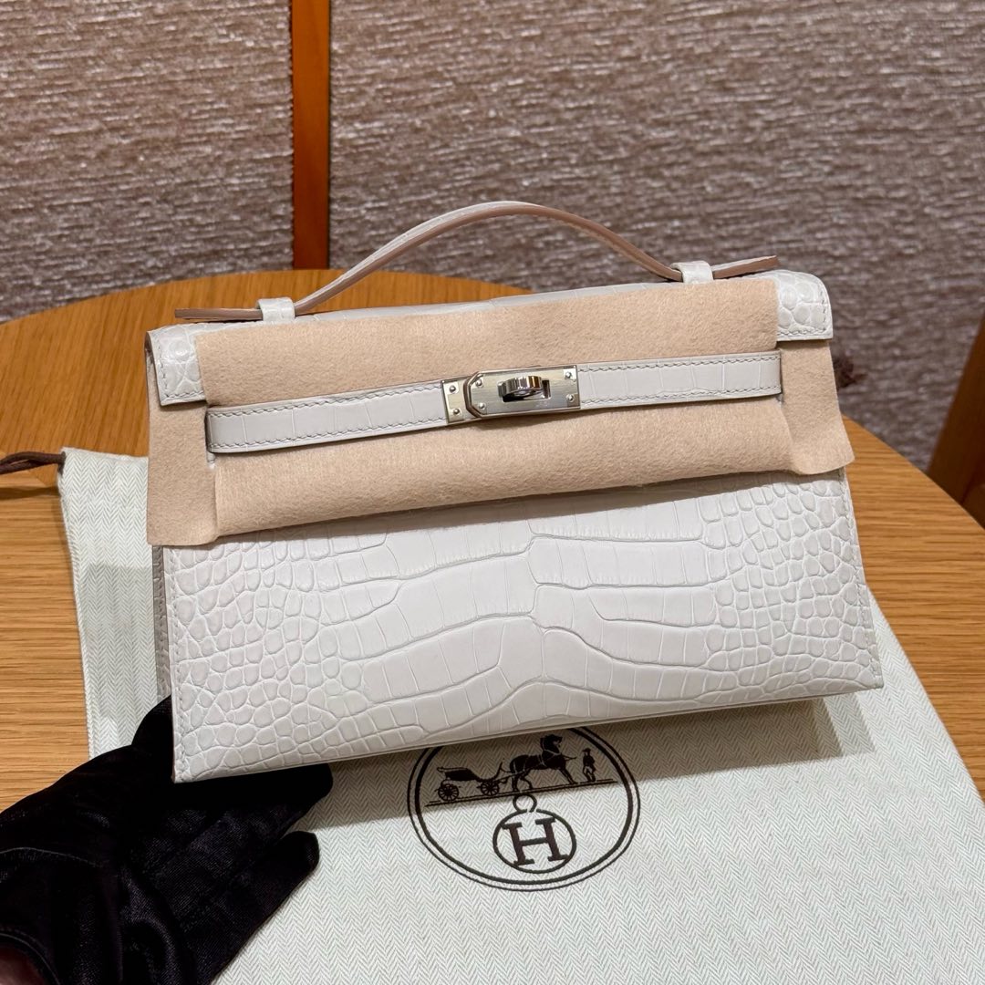 Hermes kelly Pochette 1 Crocodile  22cm in Cream White Silver Hardware - Replica Luxury Bags™