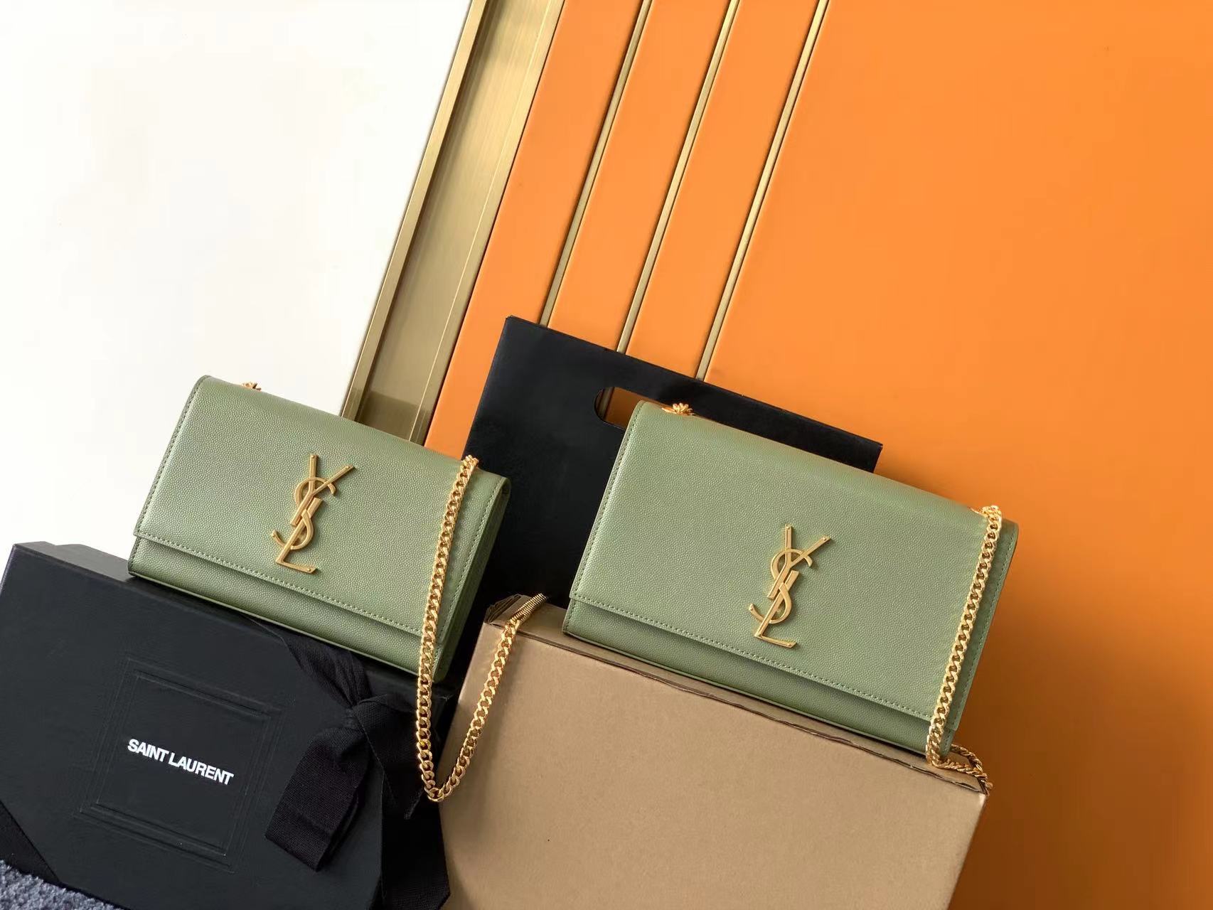 YSL Kate Small & Medium Chain  in Green Leather Gold-Toned Hardware - Replica Luxury Bags™