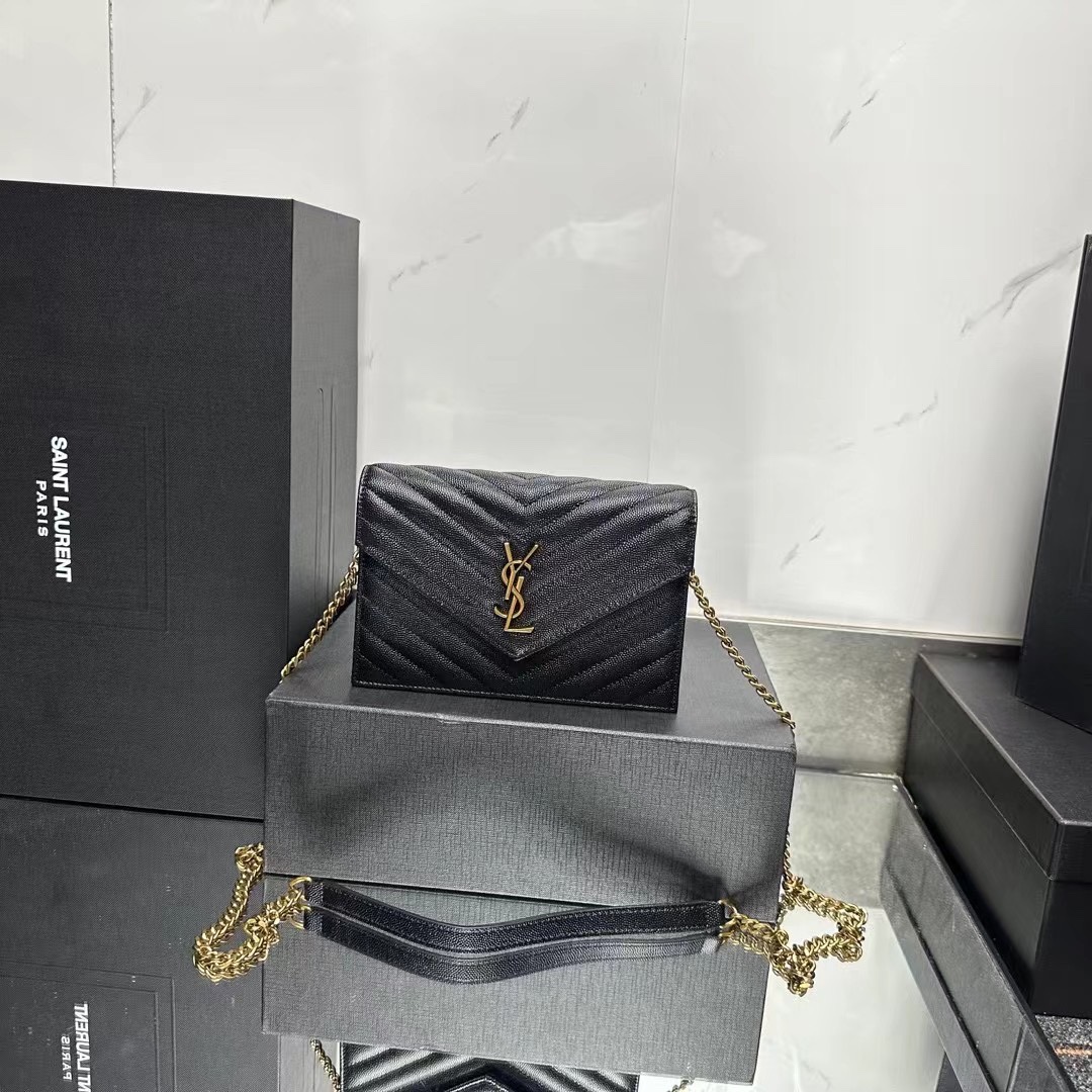 YSL Chain Shoulder  - Black Leather & Gold Hardware - Replica Luxury Bags™