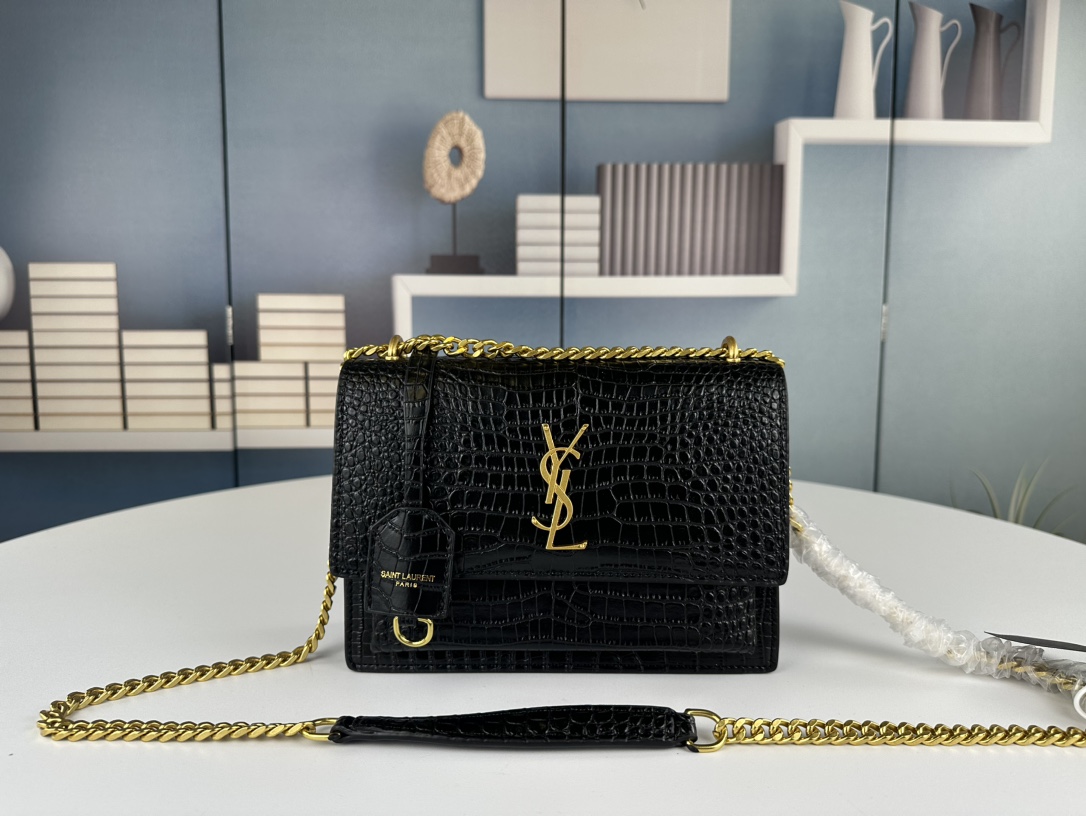 YSL Sunset  in Black Crocodile Grain Leather - Replica Luxury Bags™