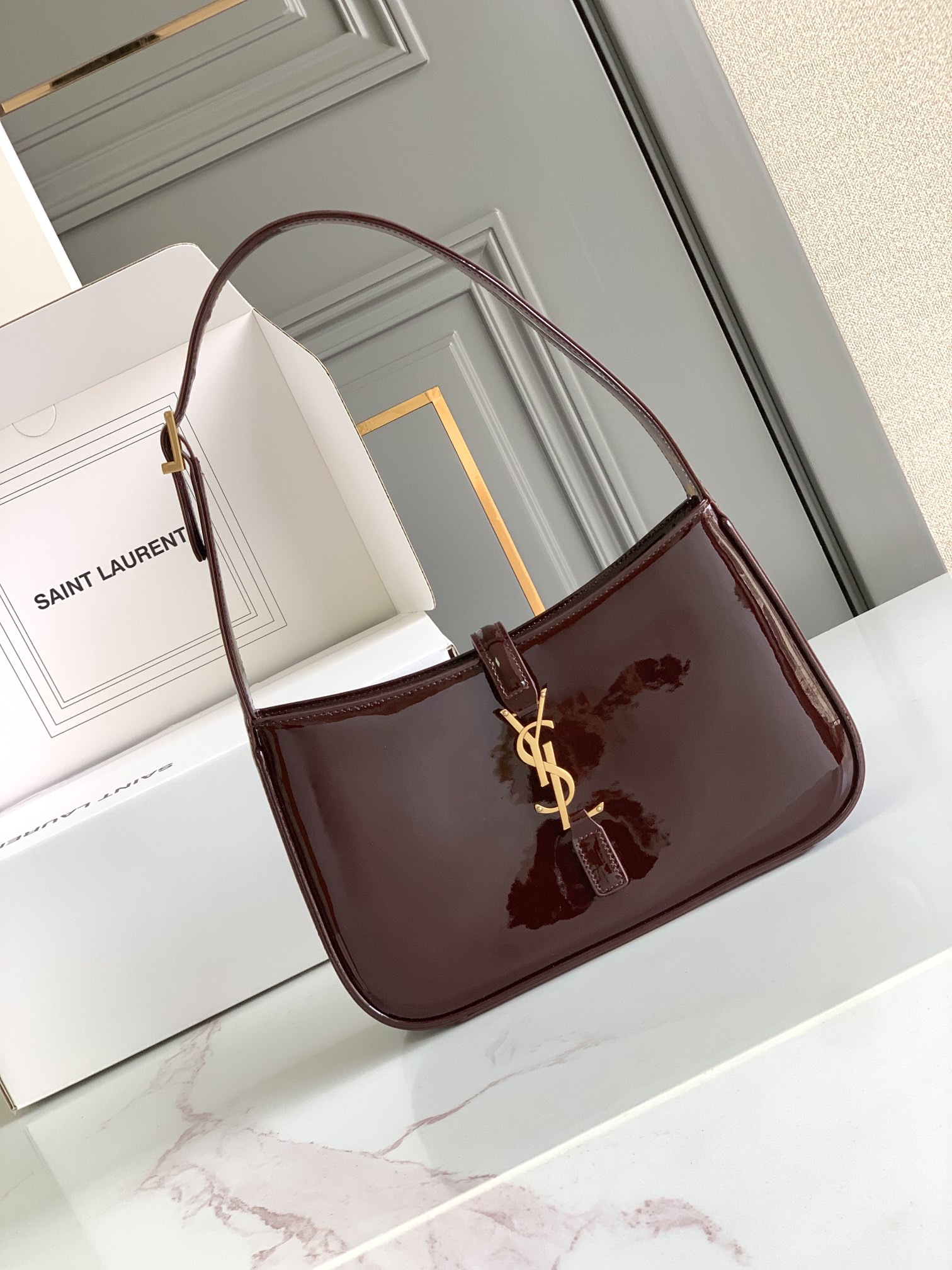 YSL Wine Red Lacquered Leather Saddle - Replica Luxury Bags™