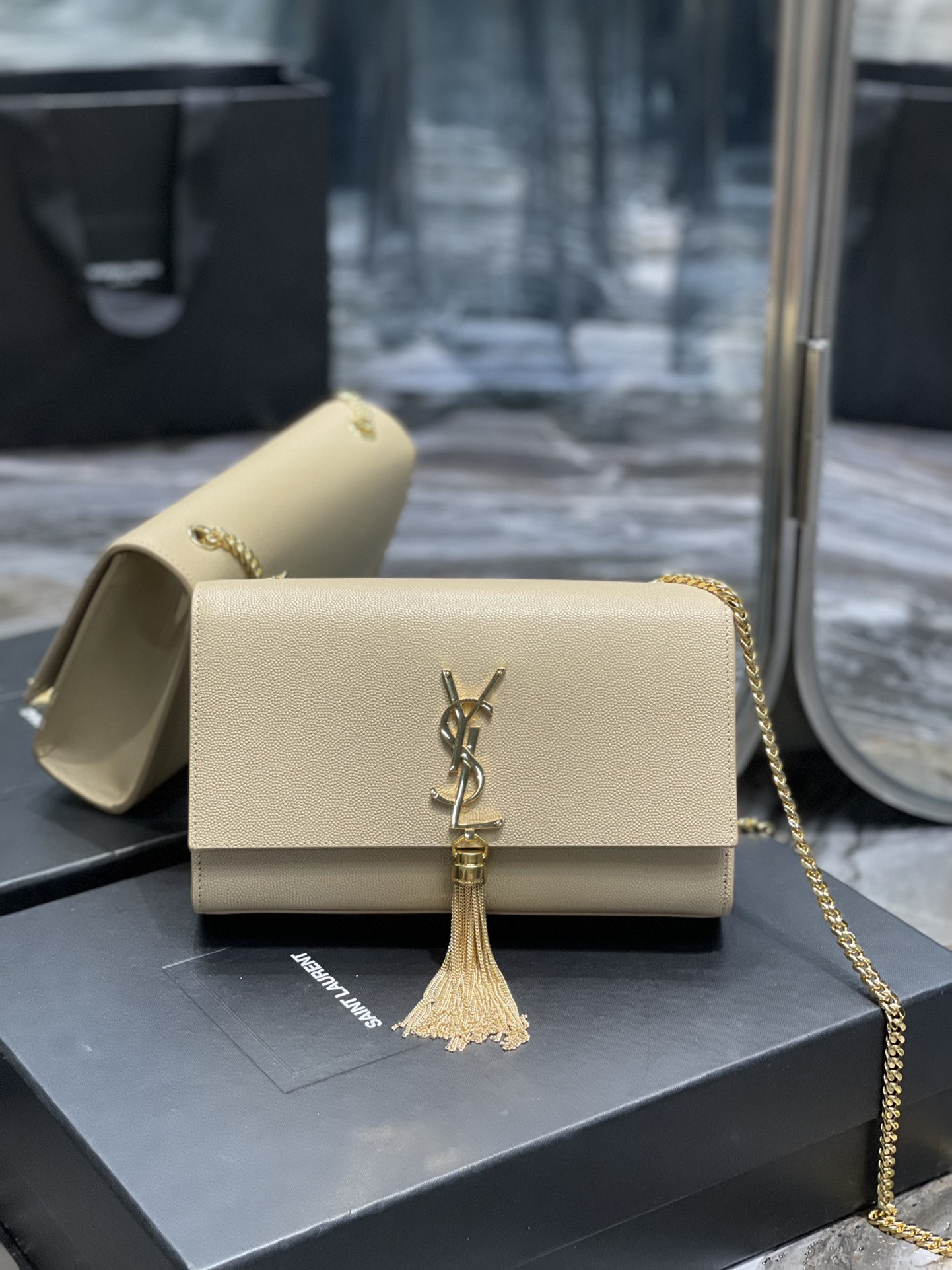 YSL Kate Tassel  in Apricot Grain Pattern Leather - Replica Luxury Bags™