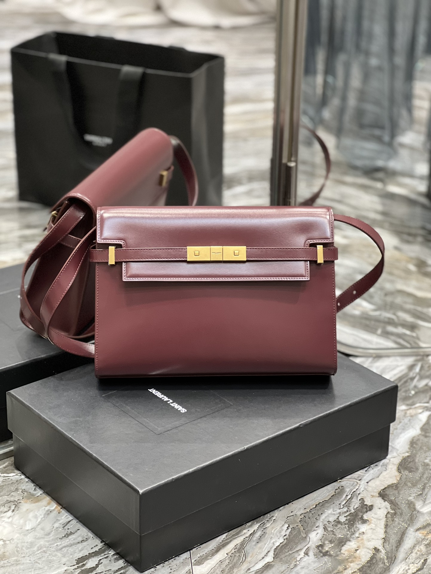YSL Medium Manhattan  in Wine Red Smooth Leather - Replica Luxury Bags™